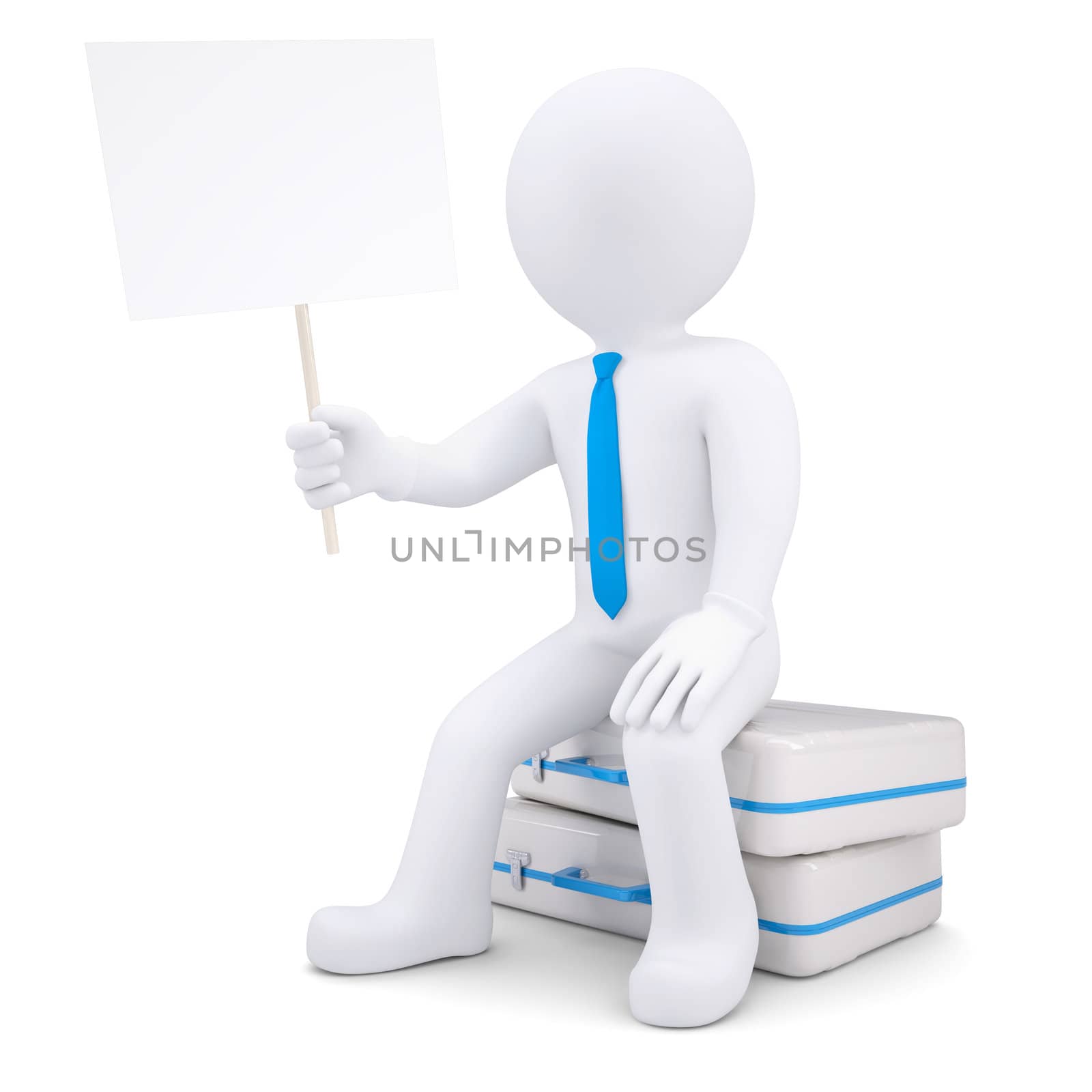 3d man sitting on suitcase and holds the poster by cherezoff