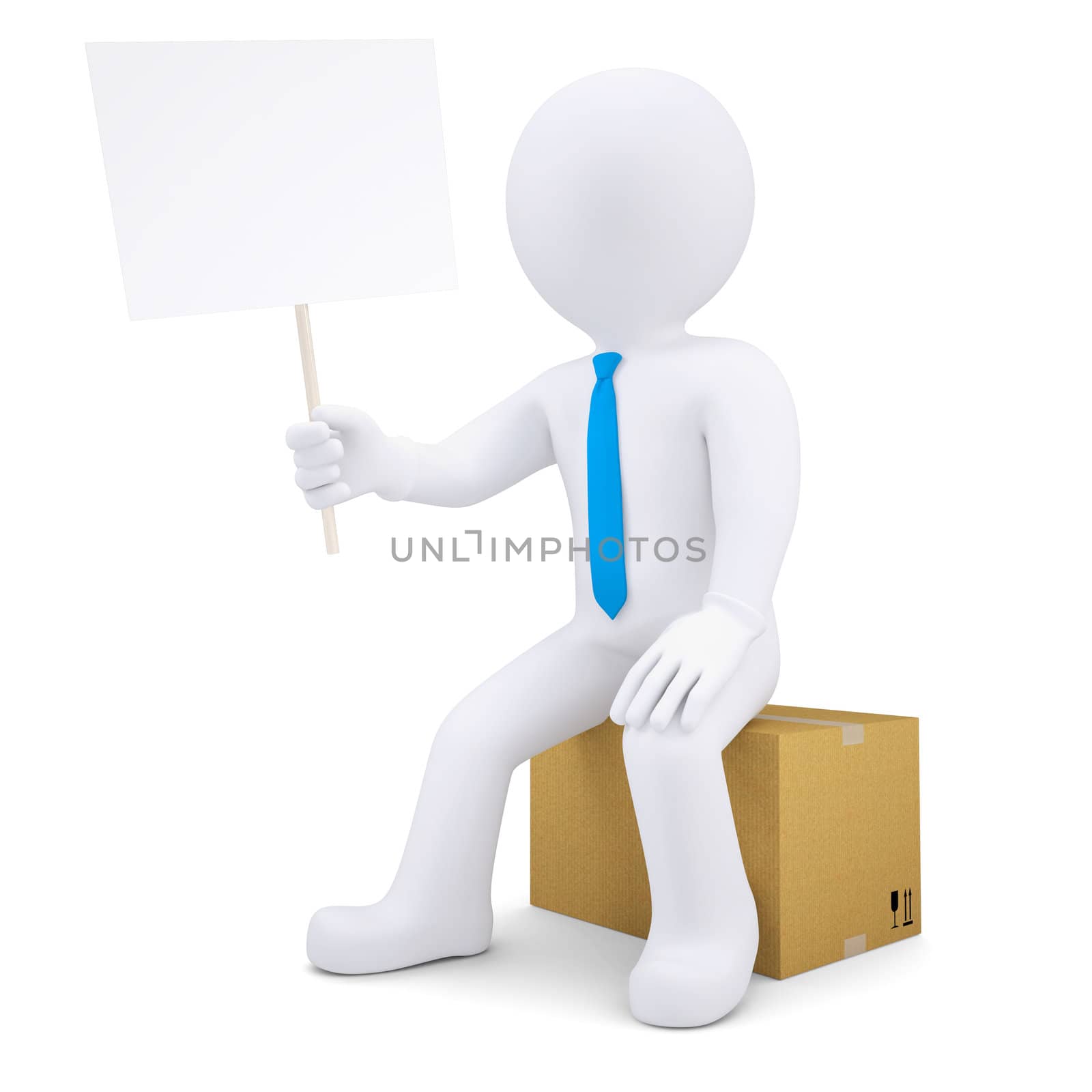 3d man sitting on a cardboard box and holding poster. Isolated render on a white background