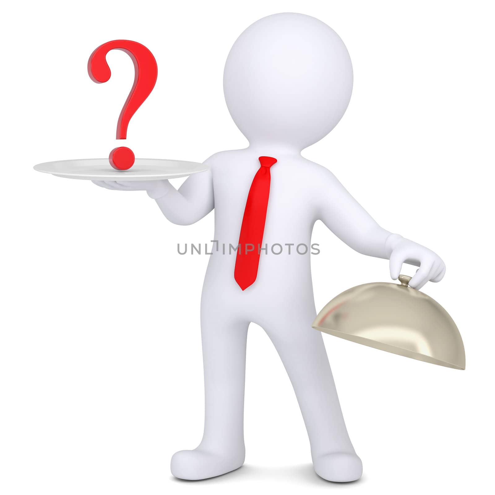 3d man holding a question mark on the dish. Isolated render on a white background