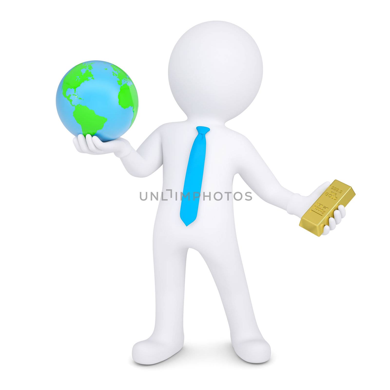 3d man changes the planet earth for gold. Isolated render on a white background