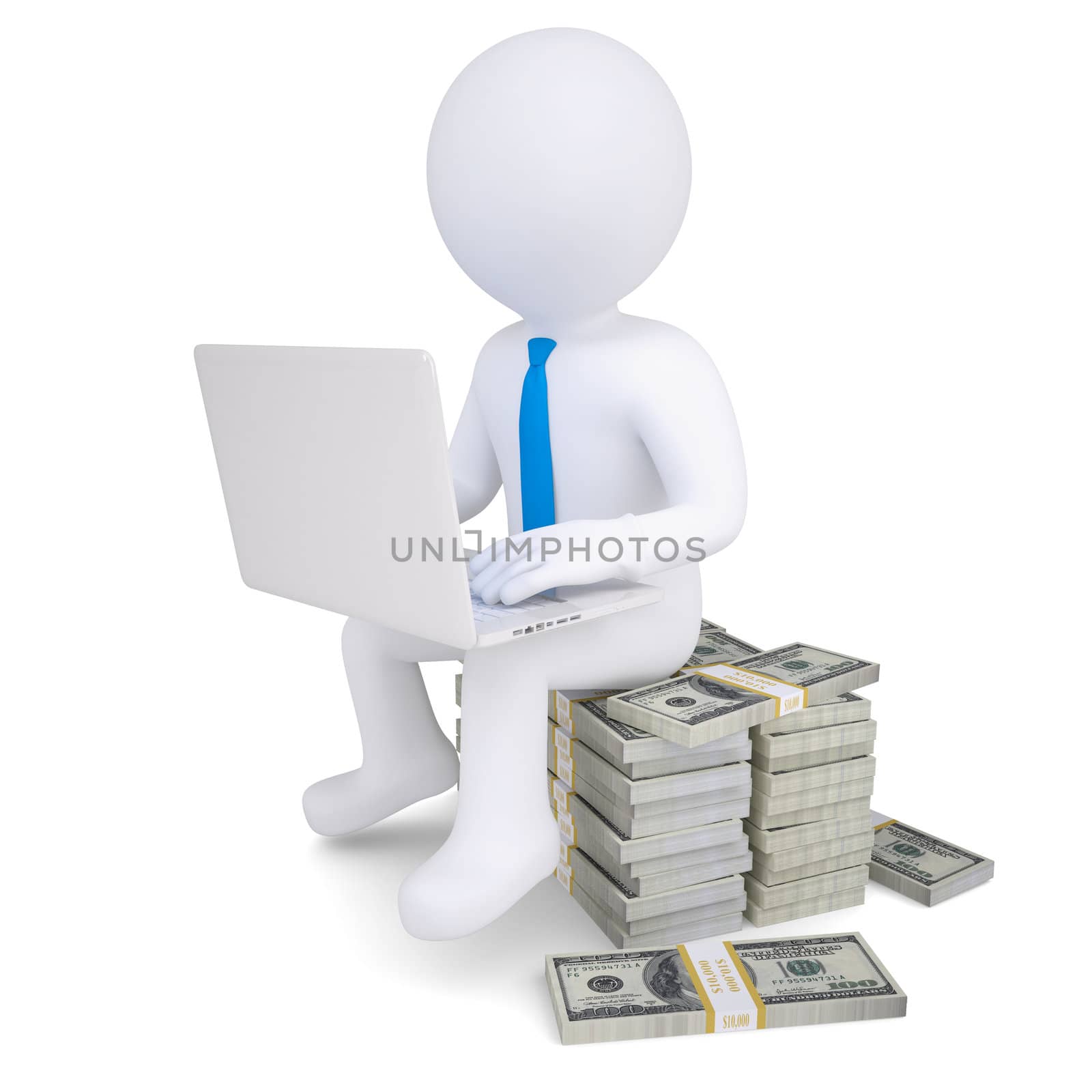 3d man with laptop sitting on a pile of money by cherezoff