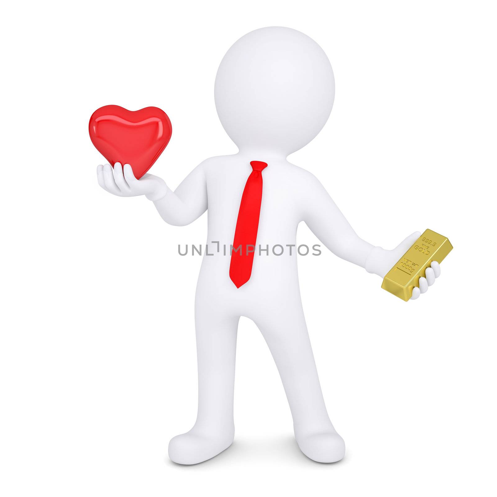 3d man changes the heart of a gold bullion. Isolated render on a white background