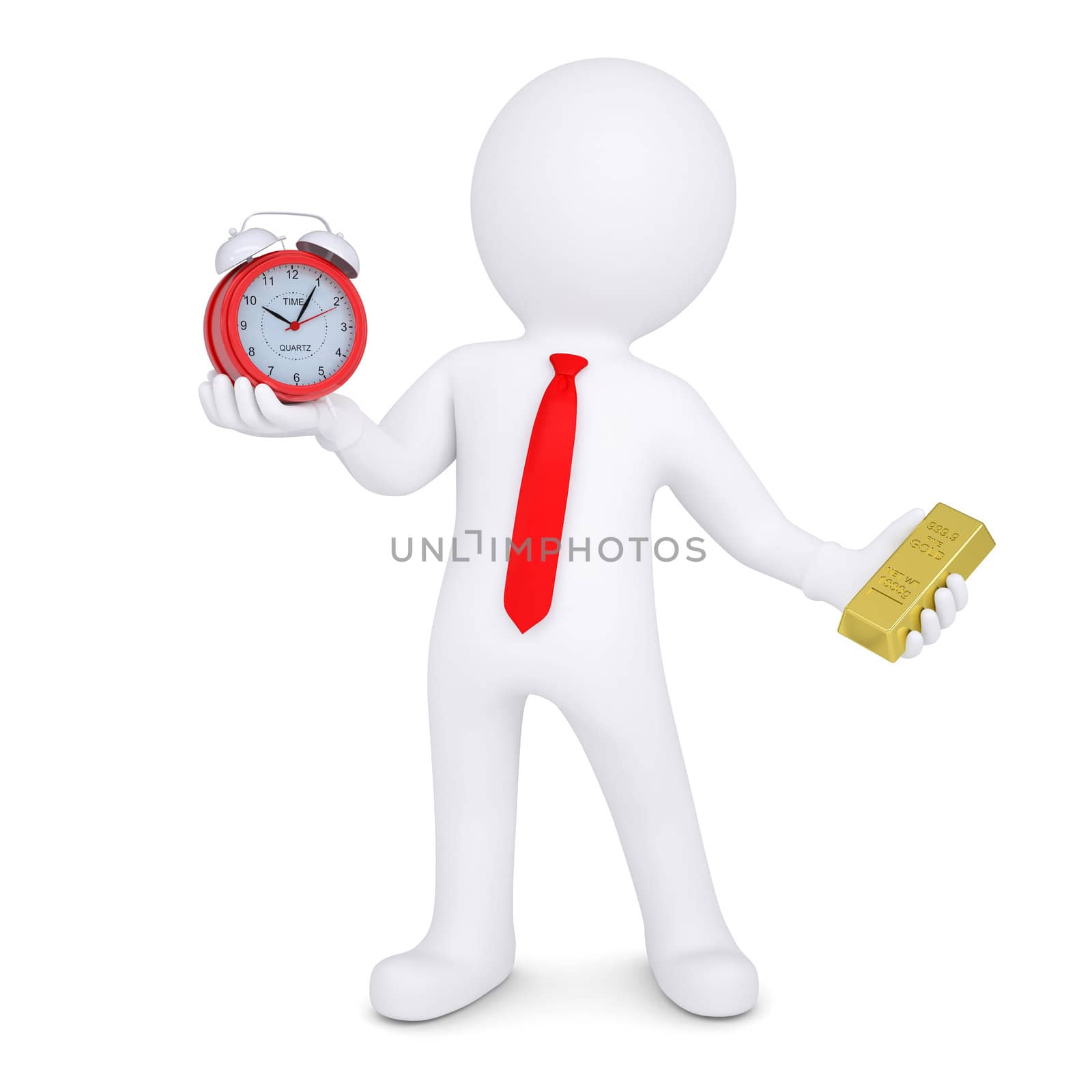 3d man changes the time for gold. Isolated render on a white background