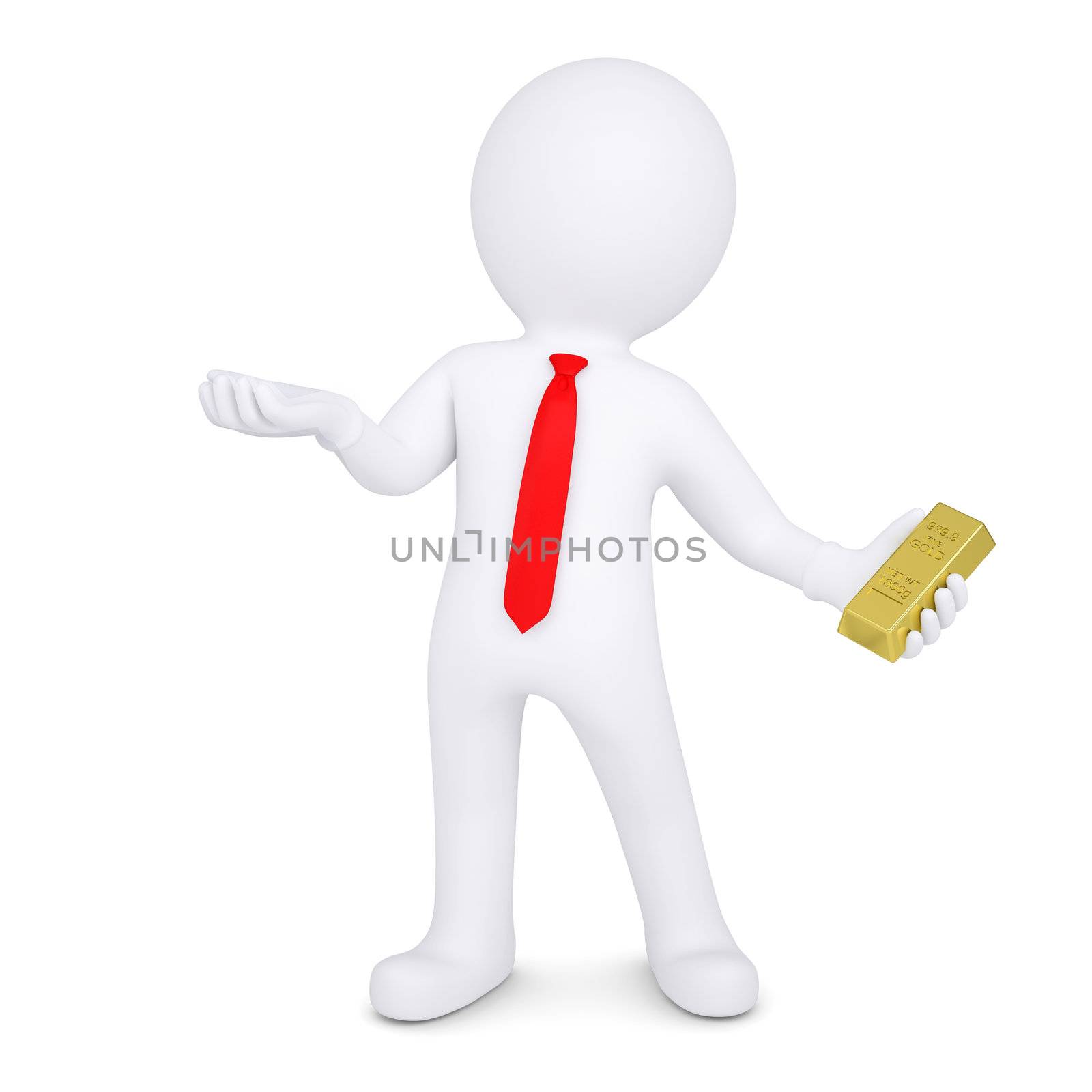 3d man with gold holds out his hand. Isolated render on a white background
