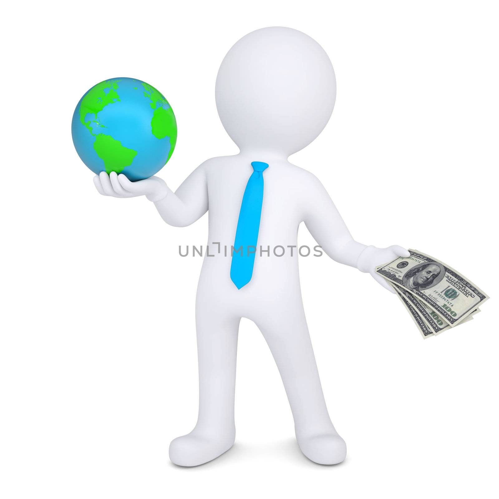 3d man changes the planet earth for money. Isolated render on a white background
