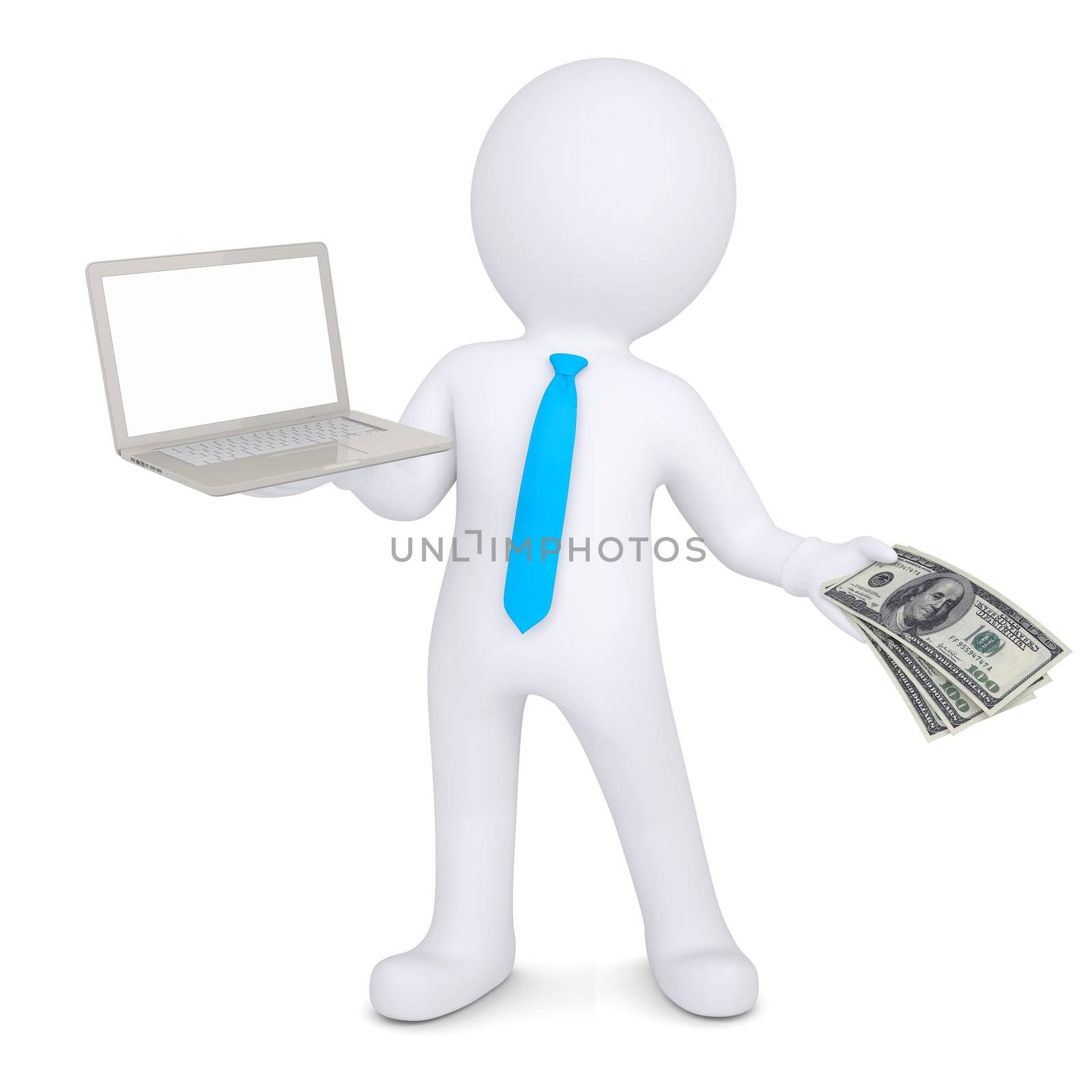 3d man changes the laptop for the money. Isolated render on a white background