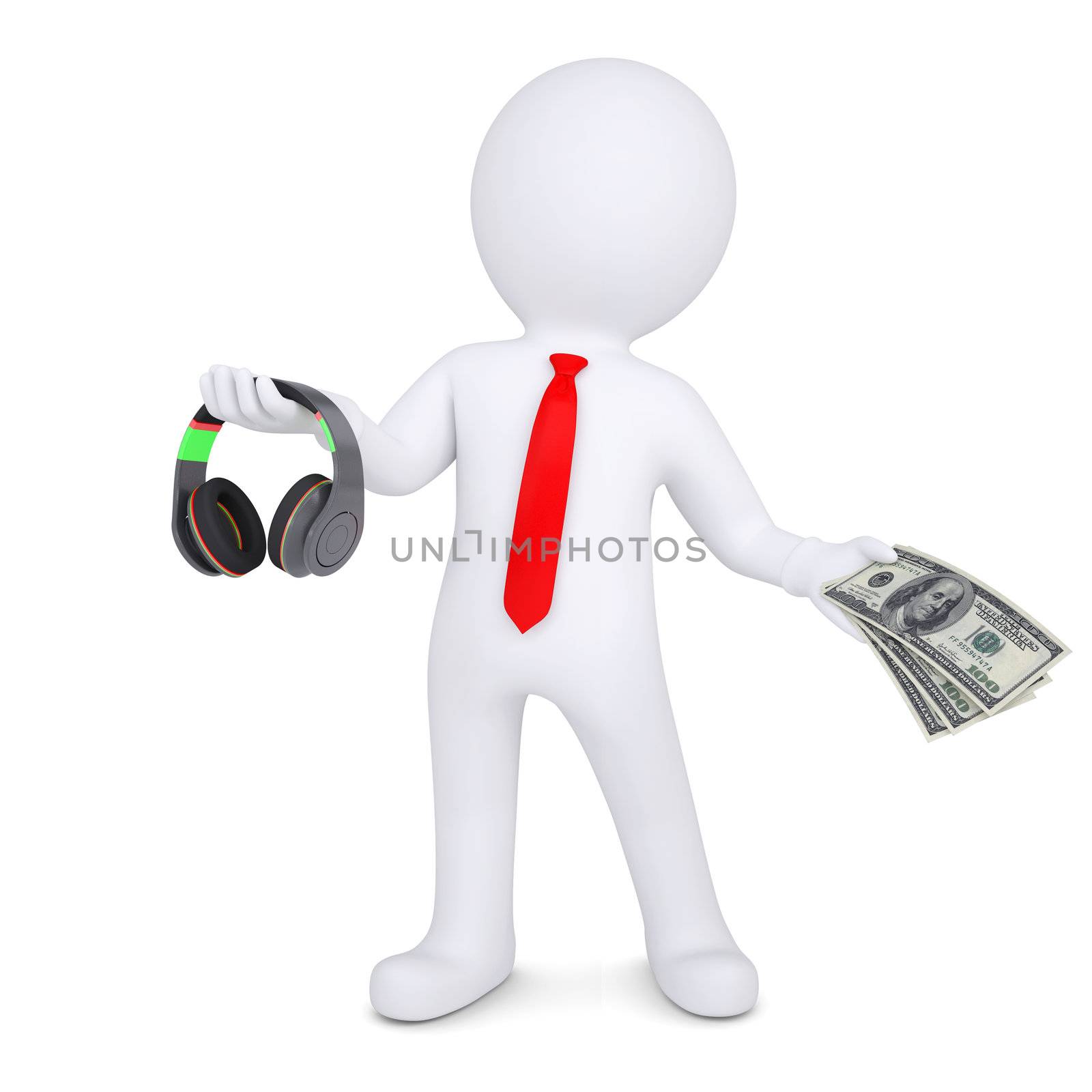 3d man changes the headphones on the money. Isolated render on a white background