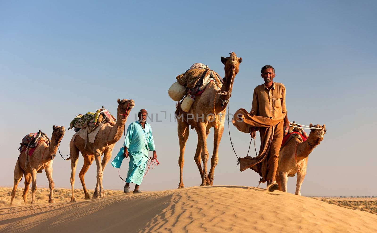 Camel man leads his camels across the Thar desert  by vladimir_sklyarov