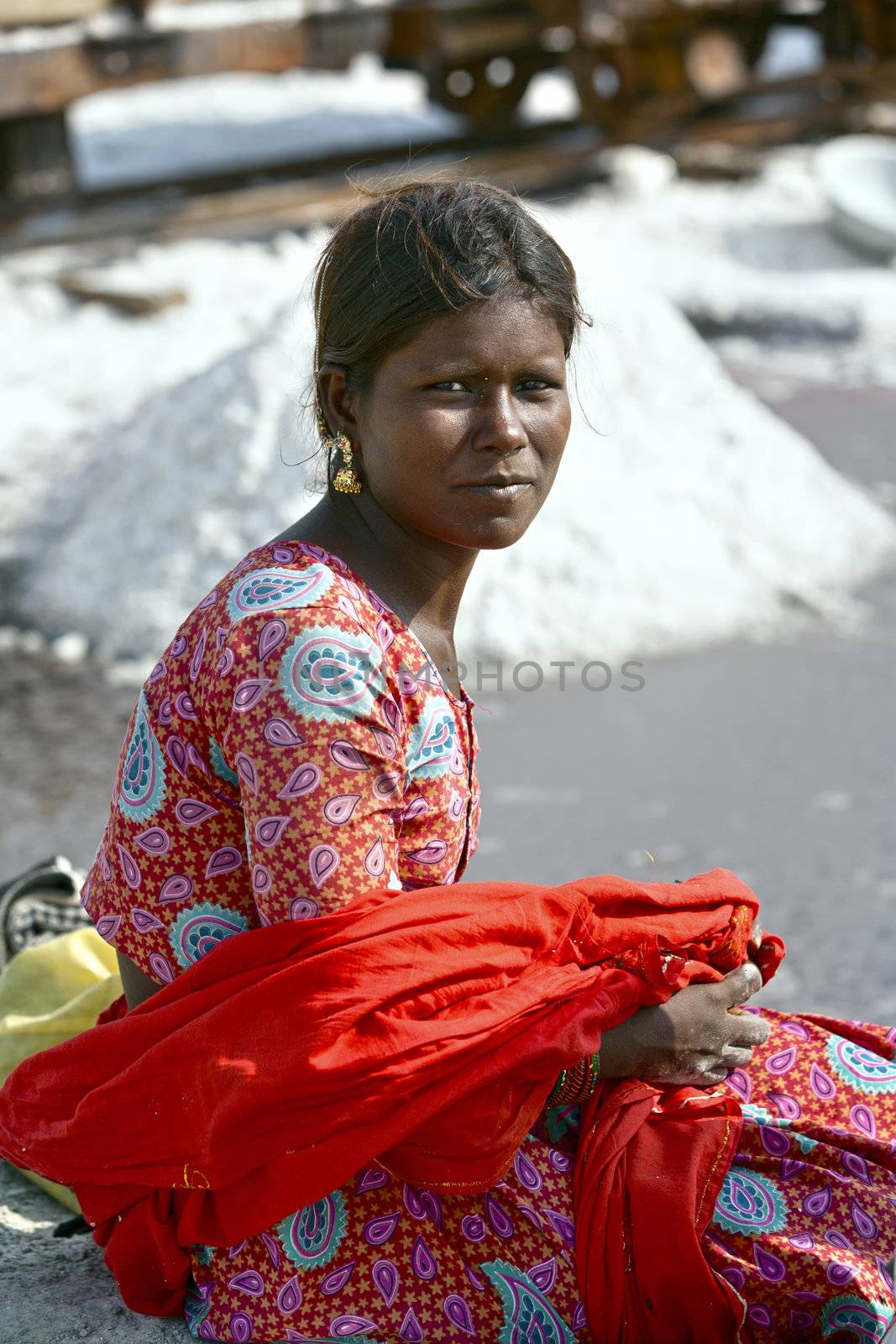 SAMBHAR LAKE TOWN-NOVEMBER 19: An unidentified Indian woman working on the salt farm, November 19, 2012, in Sambhar lake town, Sambhar salt lake, Rajasthan, India