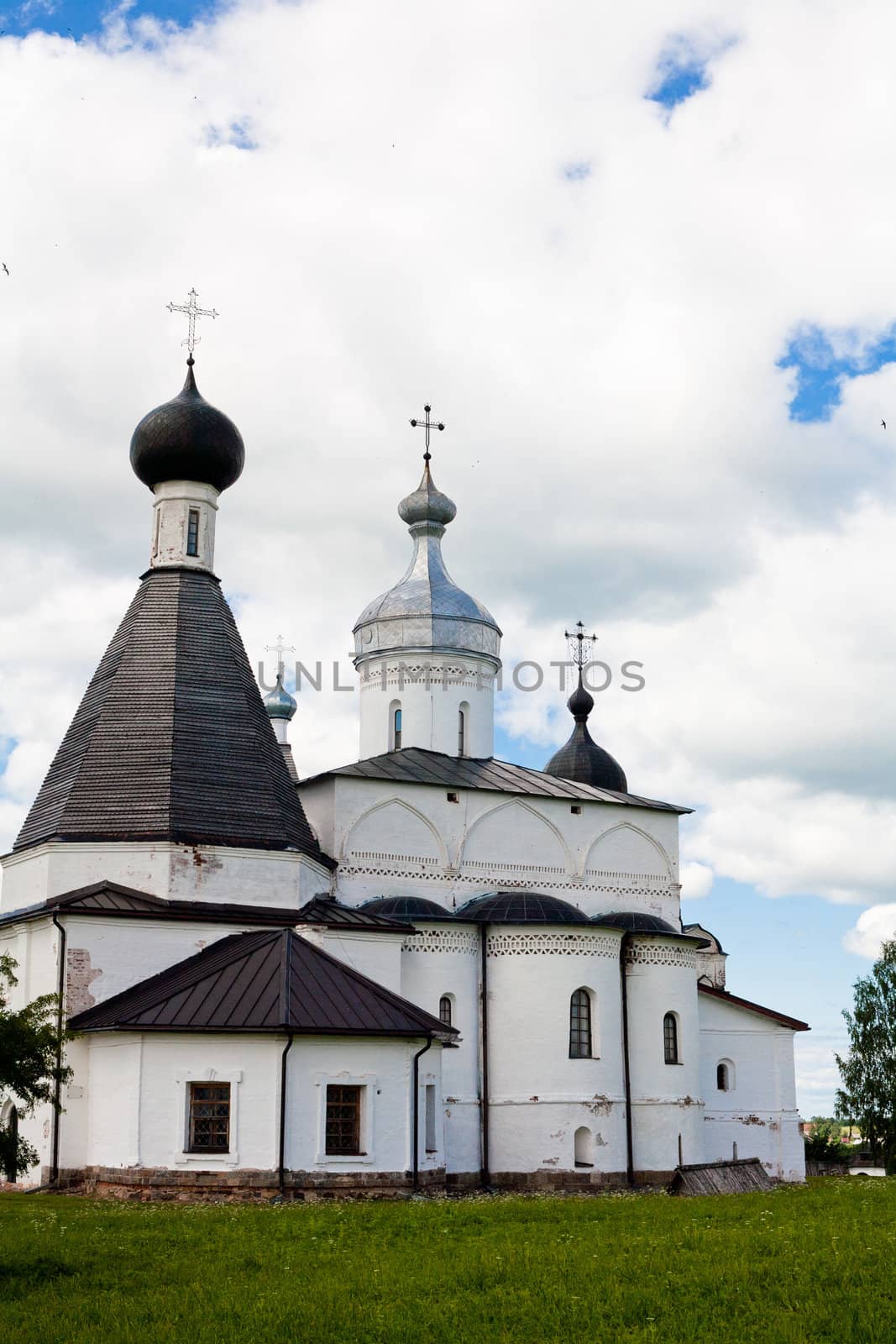 White orthodox church in Ferapontov monastery in summer day
