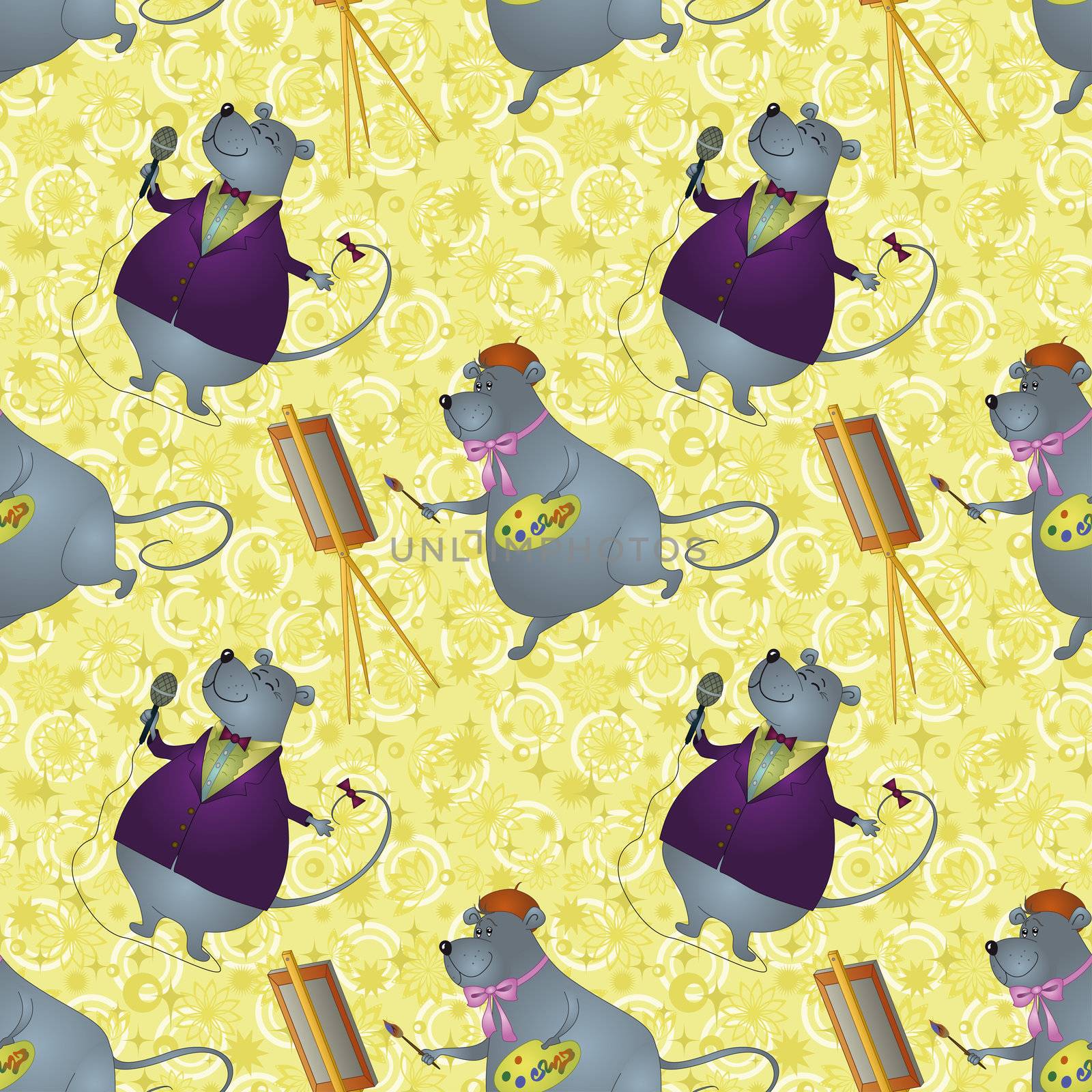 Seamless background, cartoon rats artist and singer on a floral background with stars.