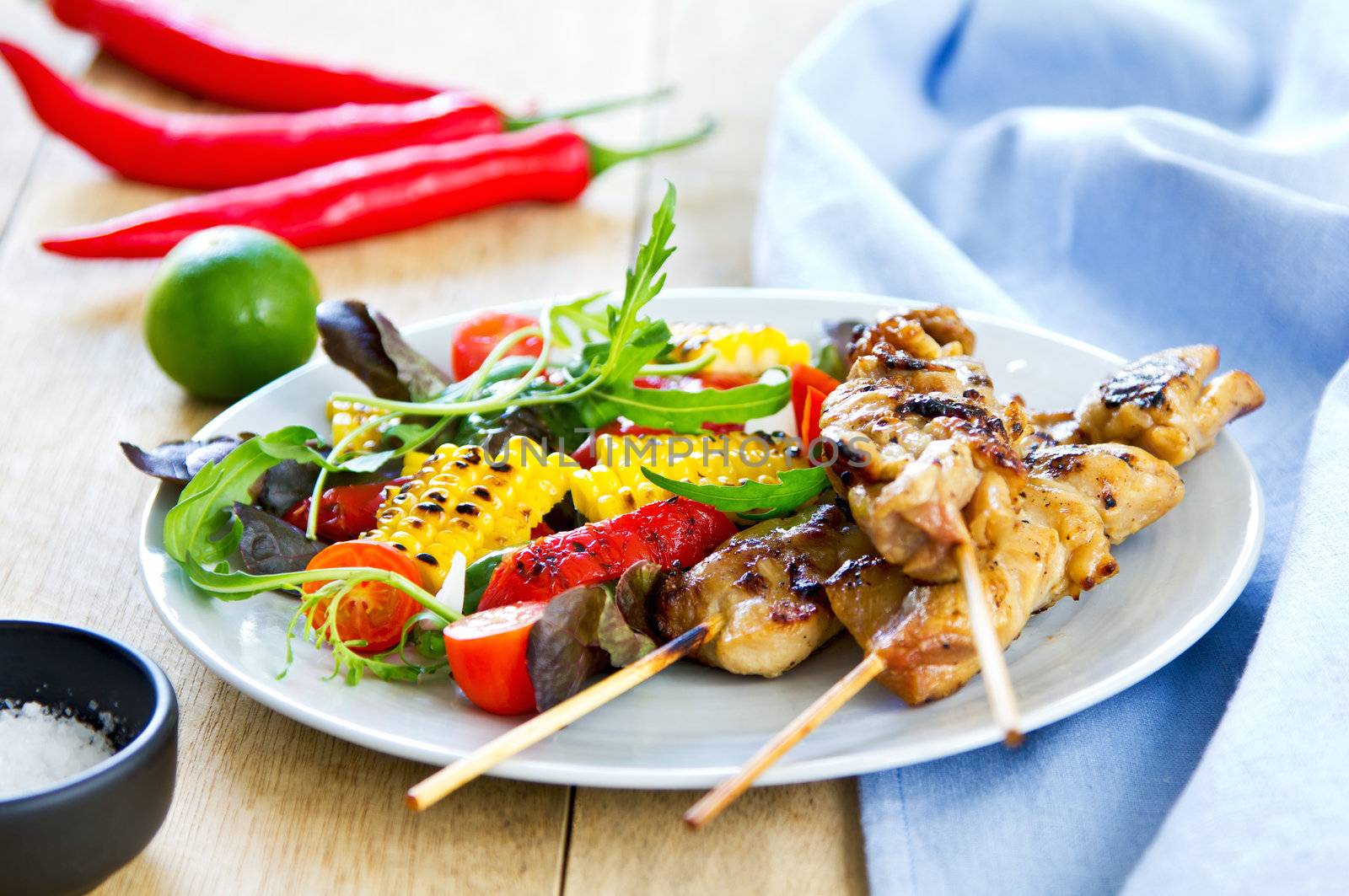 Grilled chicken skewer with salad by vanillaechoes
