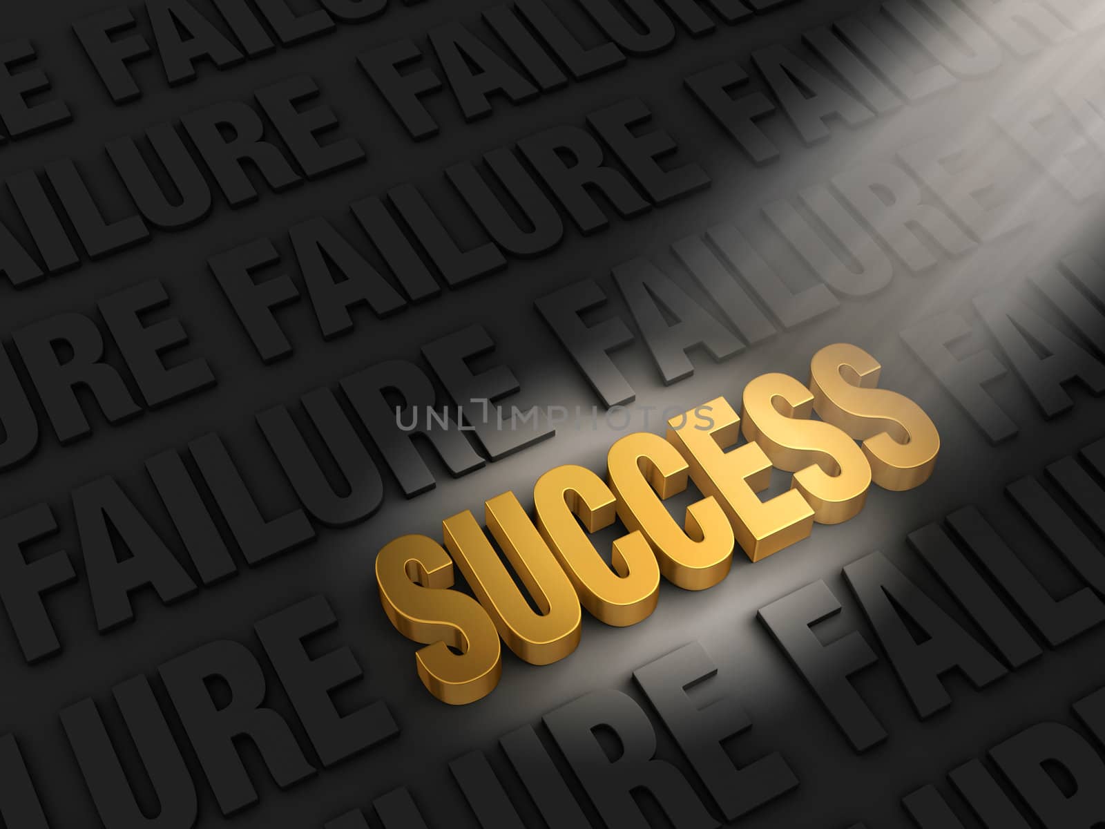 A spotlight illuminates a bright, gold "SUCCESS" on a dark background of "FAILURES"s