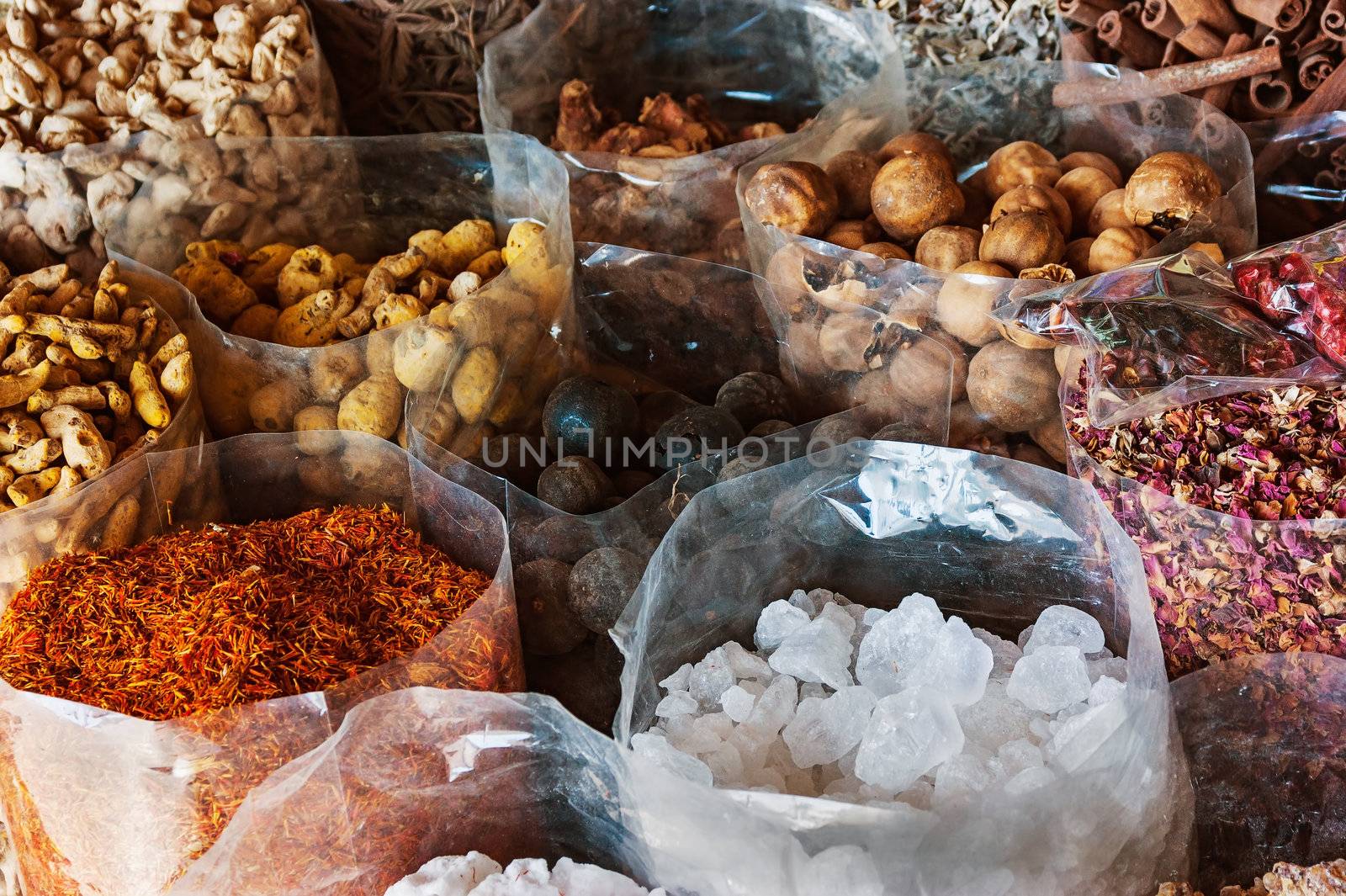 dried herbs flowers spices in the street shop