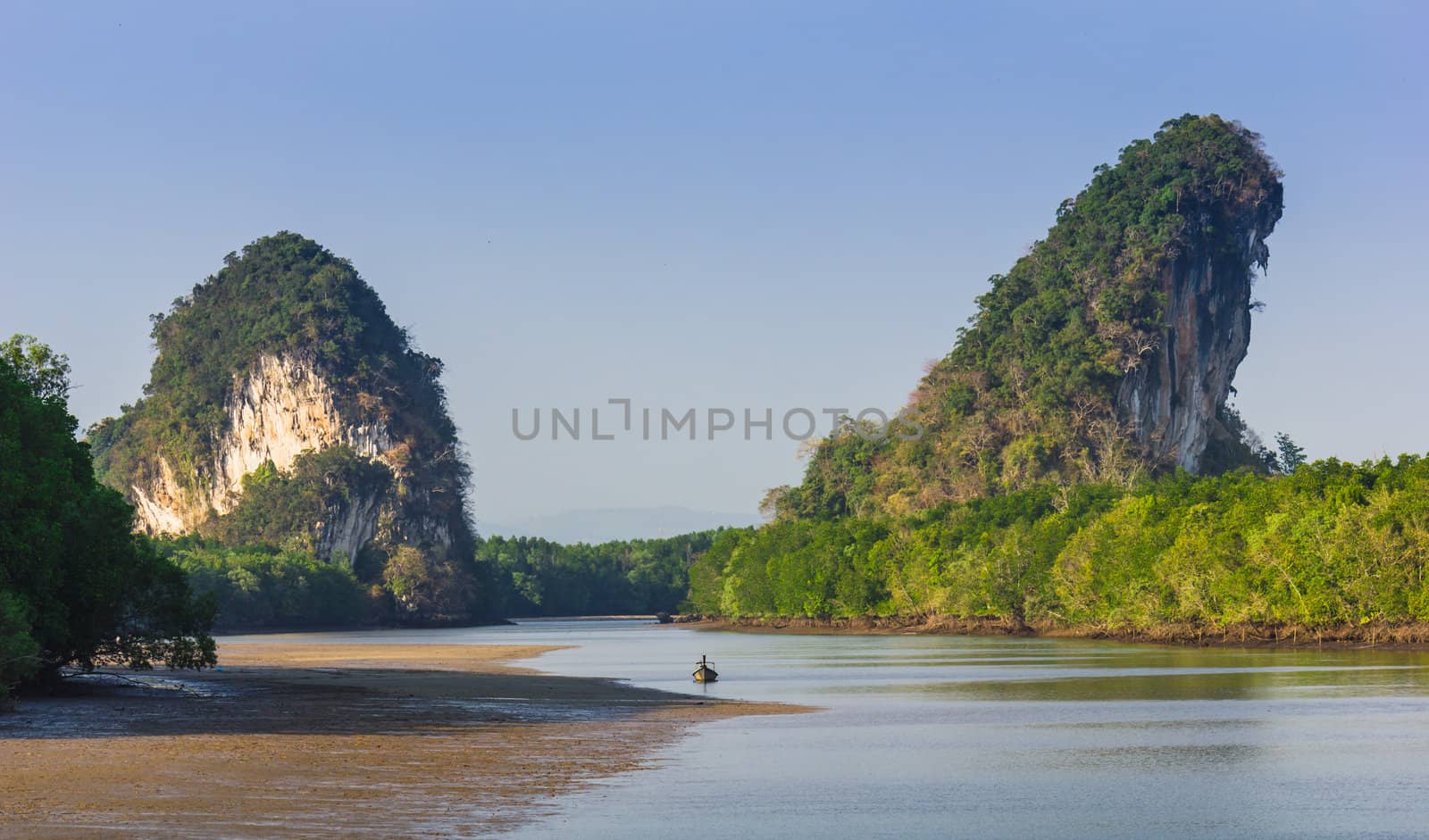 Mountains on the shores of the bay in Krabi in Thailand