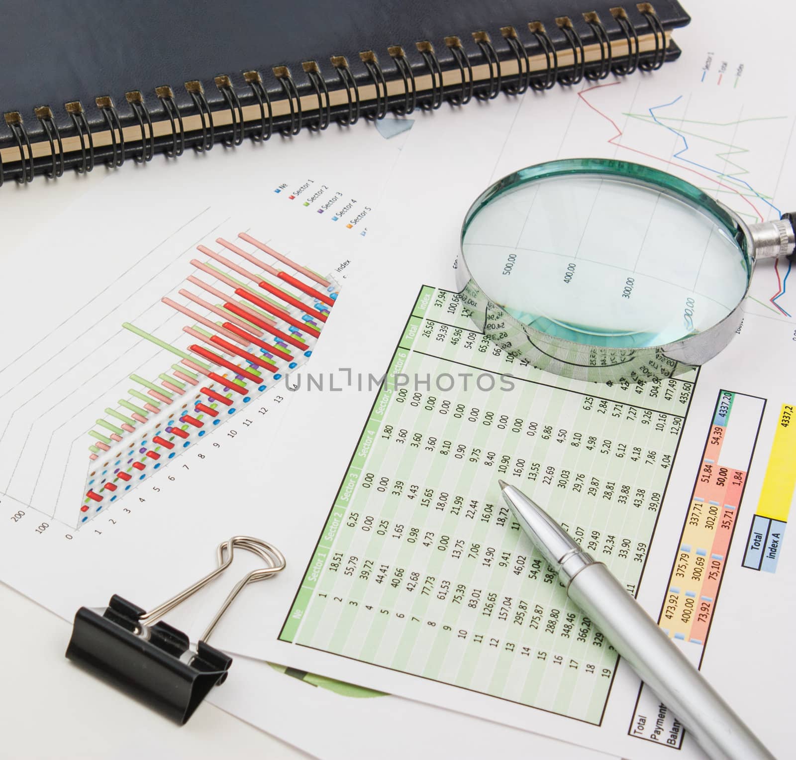 Graphs tables and documents laid on the table