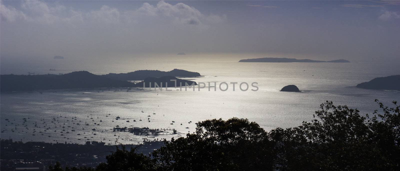 Aerial view of the sea and islands at sunset in Thailand