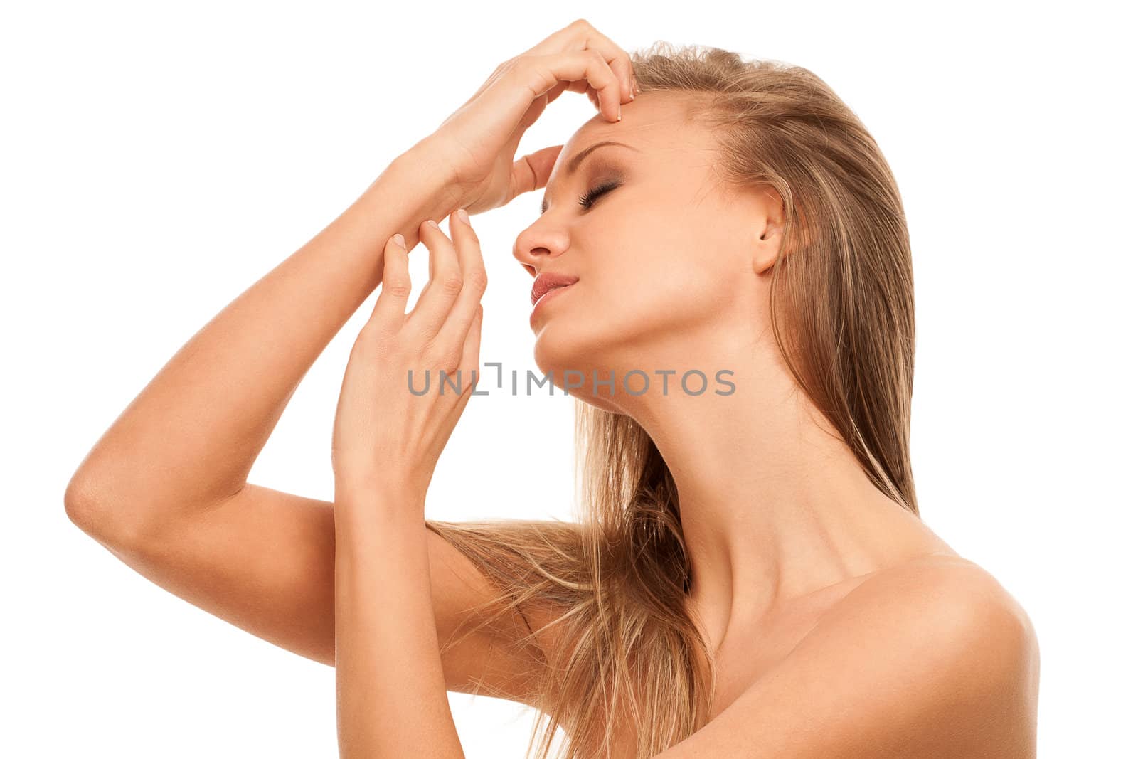 Beautiful young caucasian woman with natural makeup isolated over white background