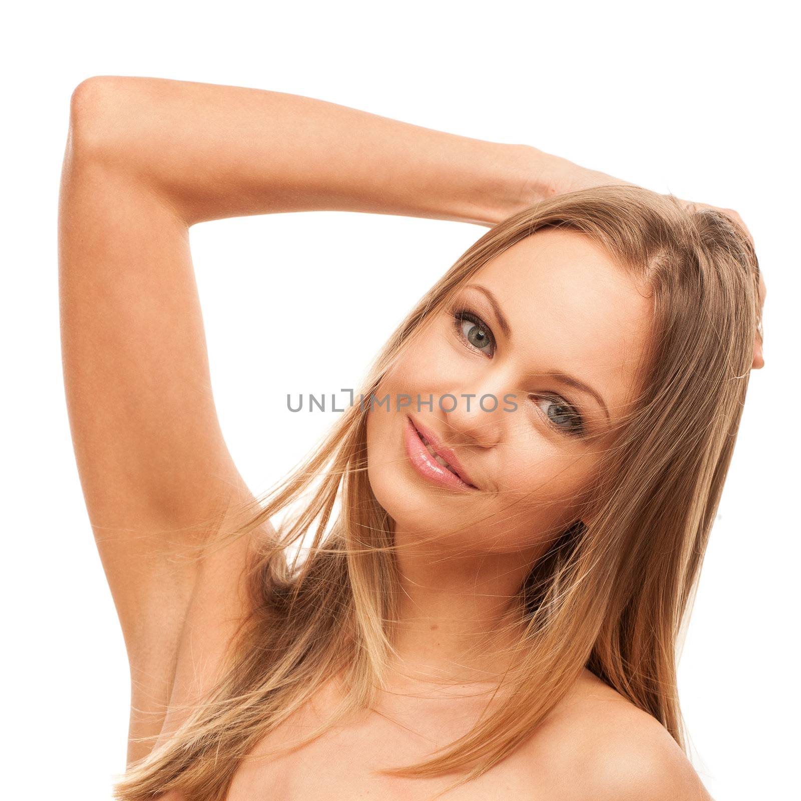 Beautiful young caucasian woman with natural makeup isolated over white background