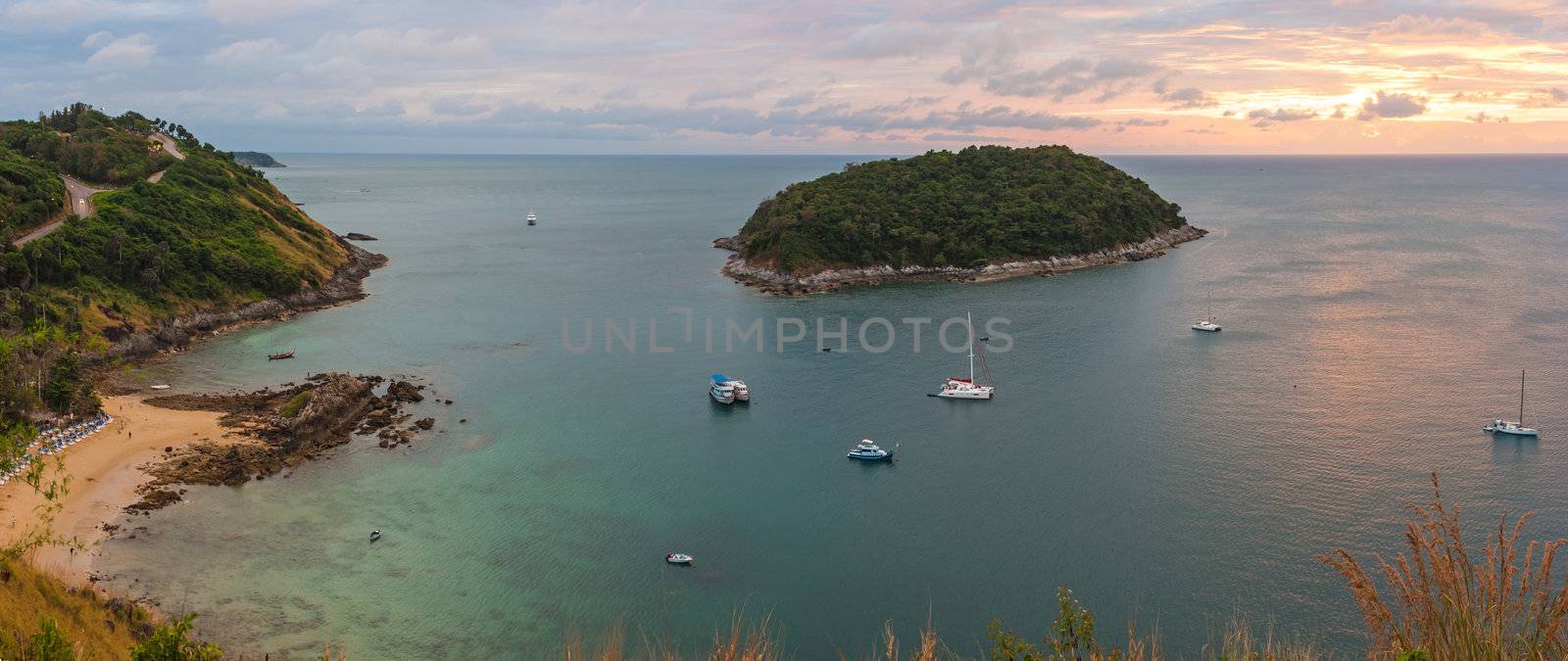 Aerial view of the sea and islands at sunset  by oleg_zhukov