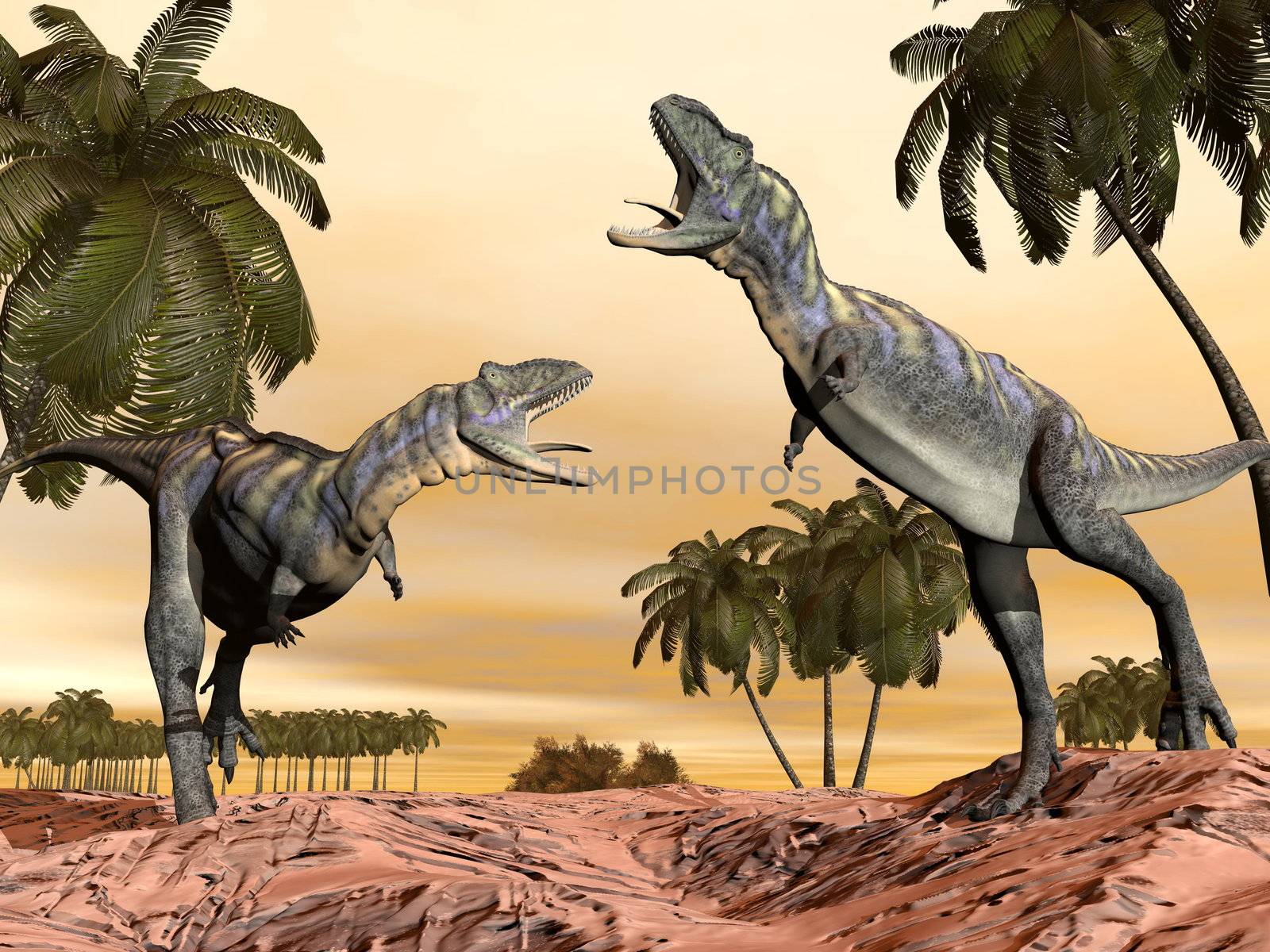 Two acasaurus dinosaurs fighting in desert with palm trees