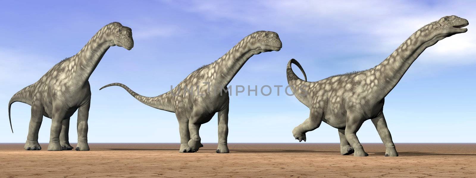 Three argentinosaurus dinosaurs standing in the desert by daylight
