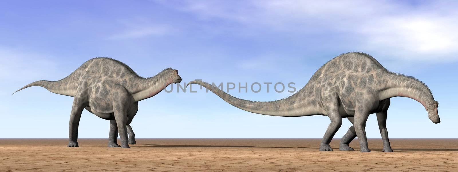 Two dicraeosaurus dinosaurs standing in the desert by daylight