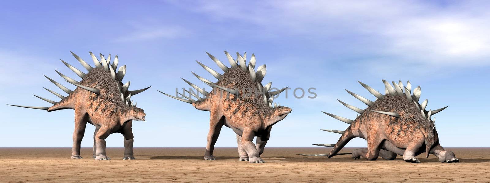 Three kentrosaurus dinosaurs standing in the desert by daylight
