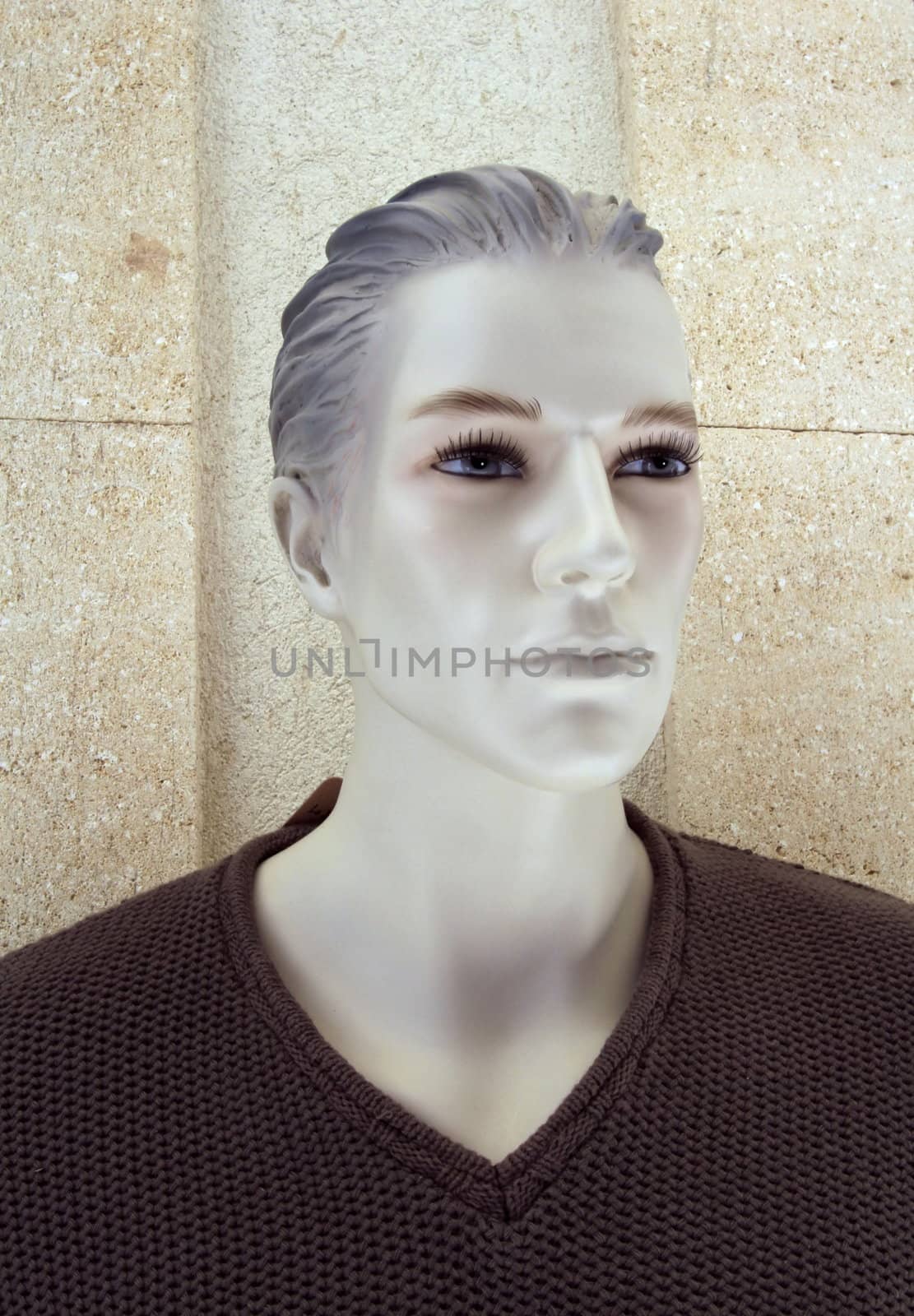 Close up of the head of a male plastic mannequin wearing brown pull-over