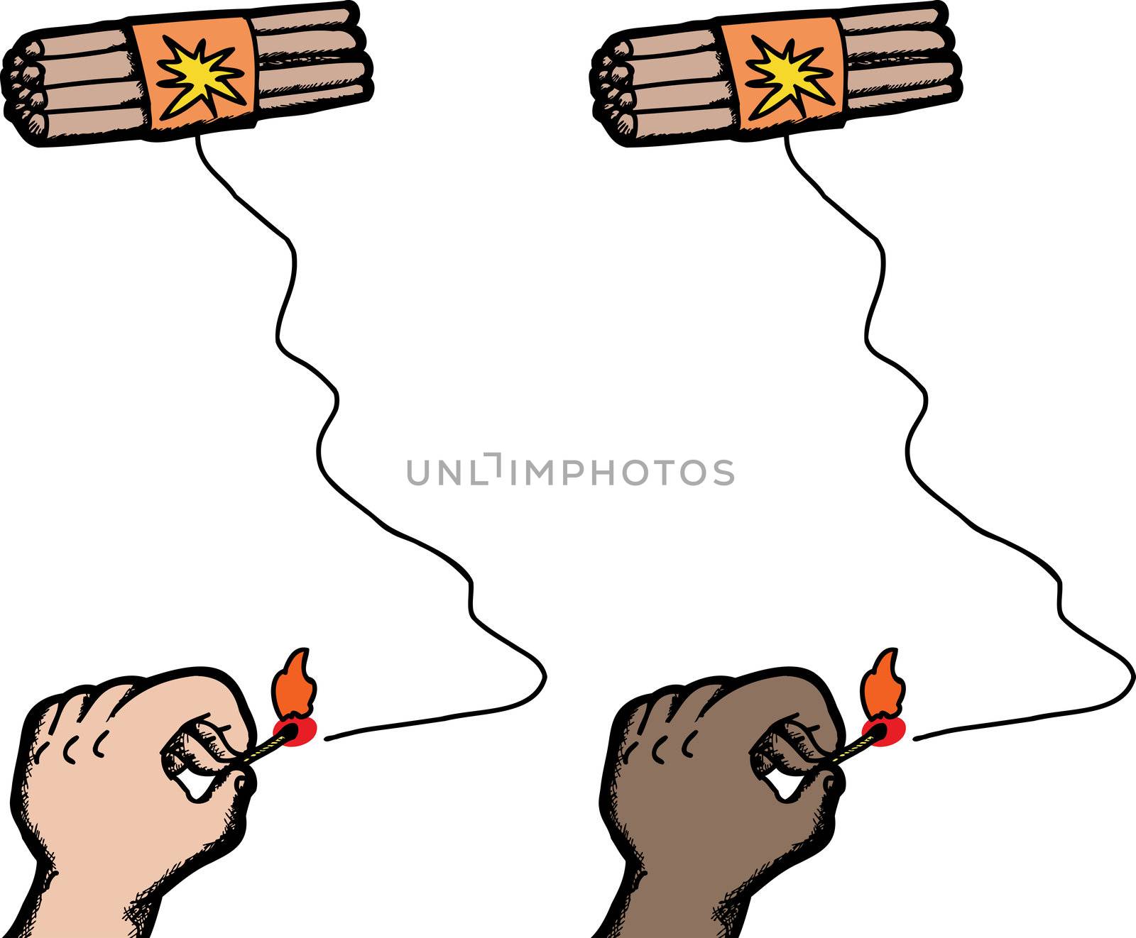 Dynamite sticks with fuse being lit by hand on isolated background