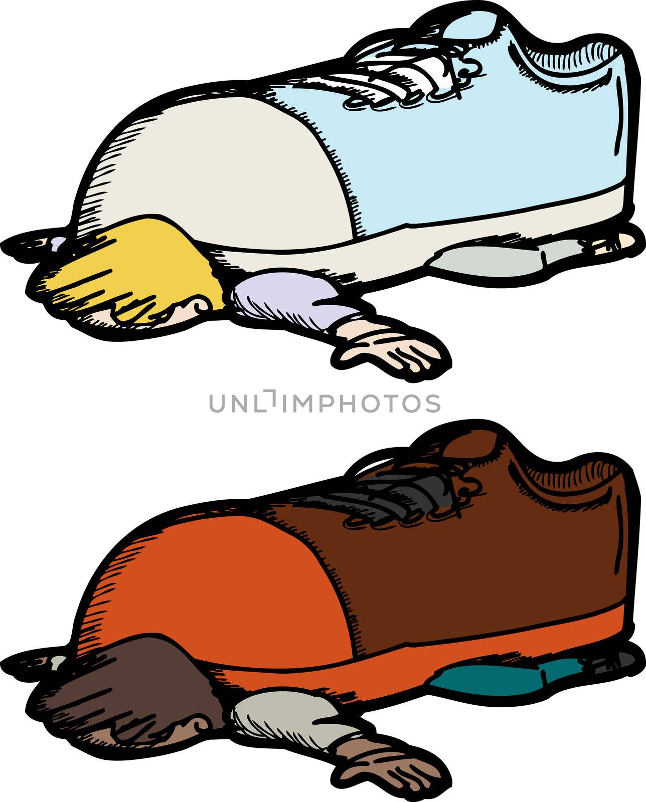 Cartoon of person crushed by giant shoe over white background