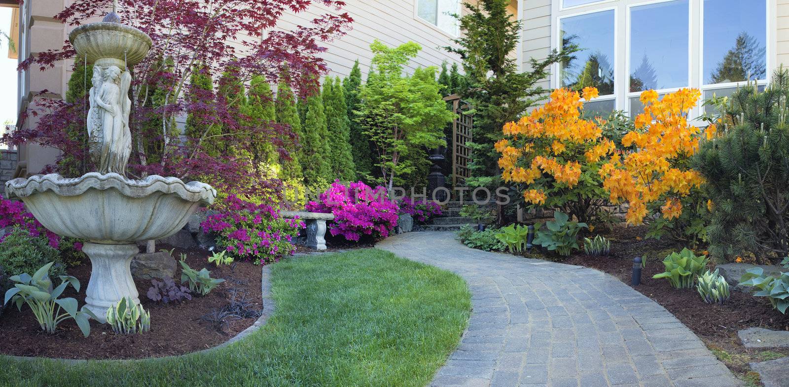 Frontyard Landscaping with Water Fountain and Brick Pavers Path with Azalea Flowers in Bloom