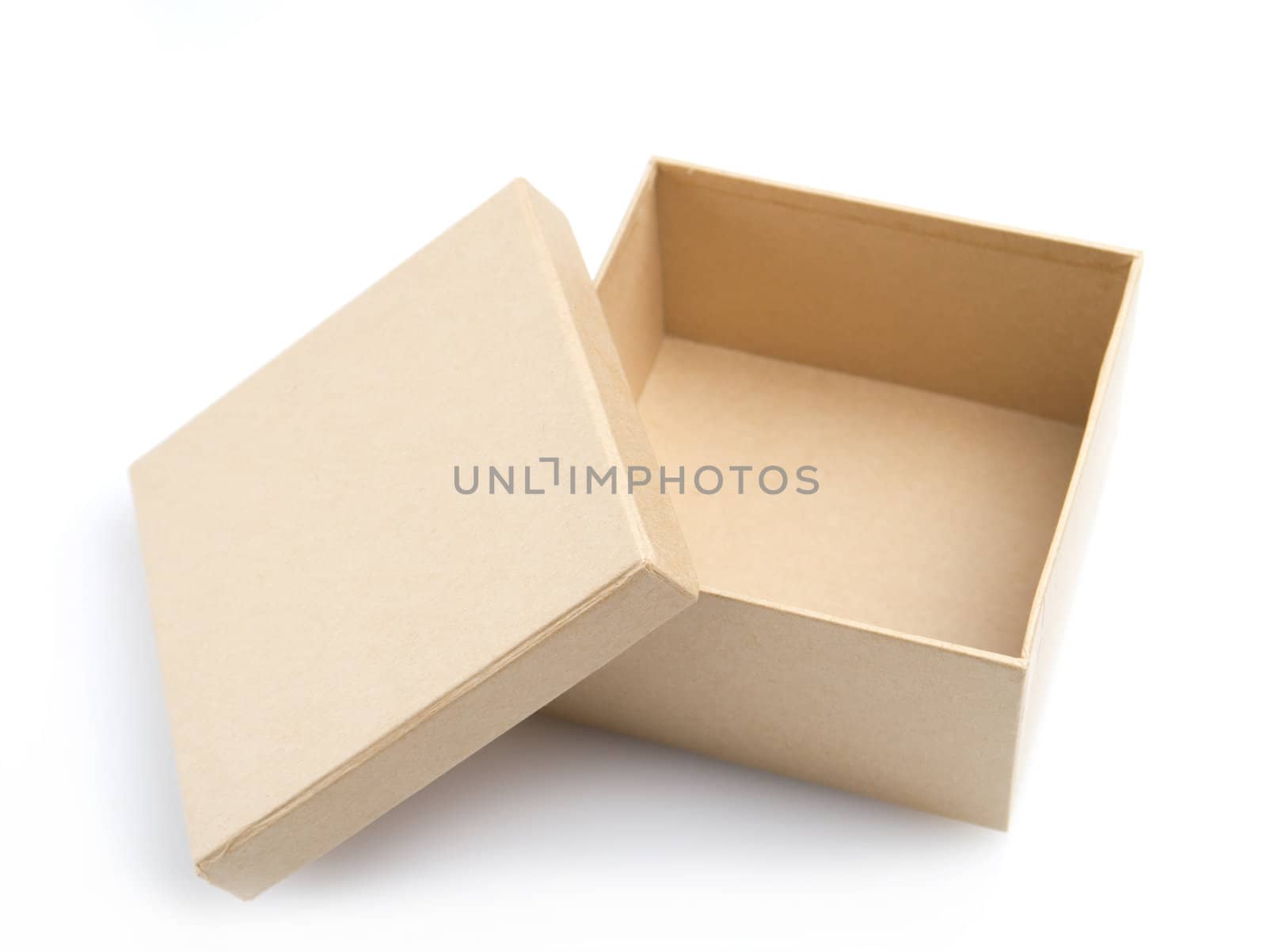 Open empty paper box on white background