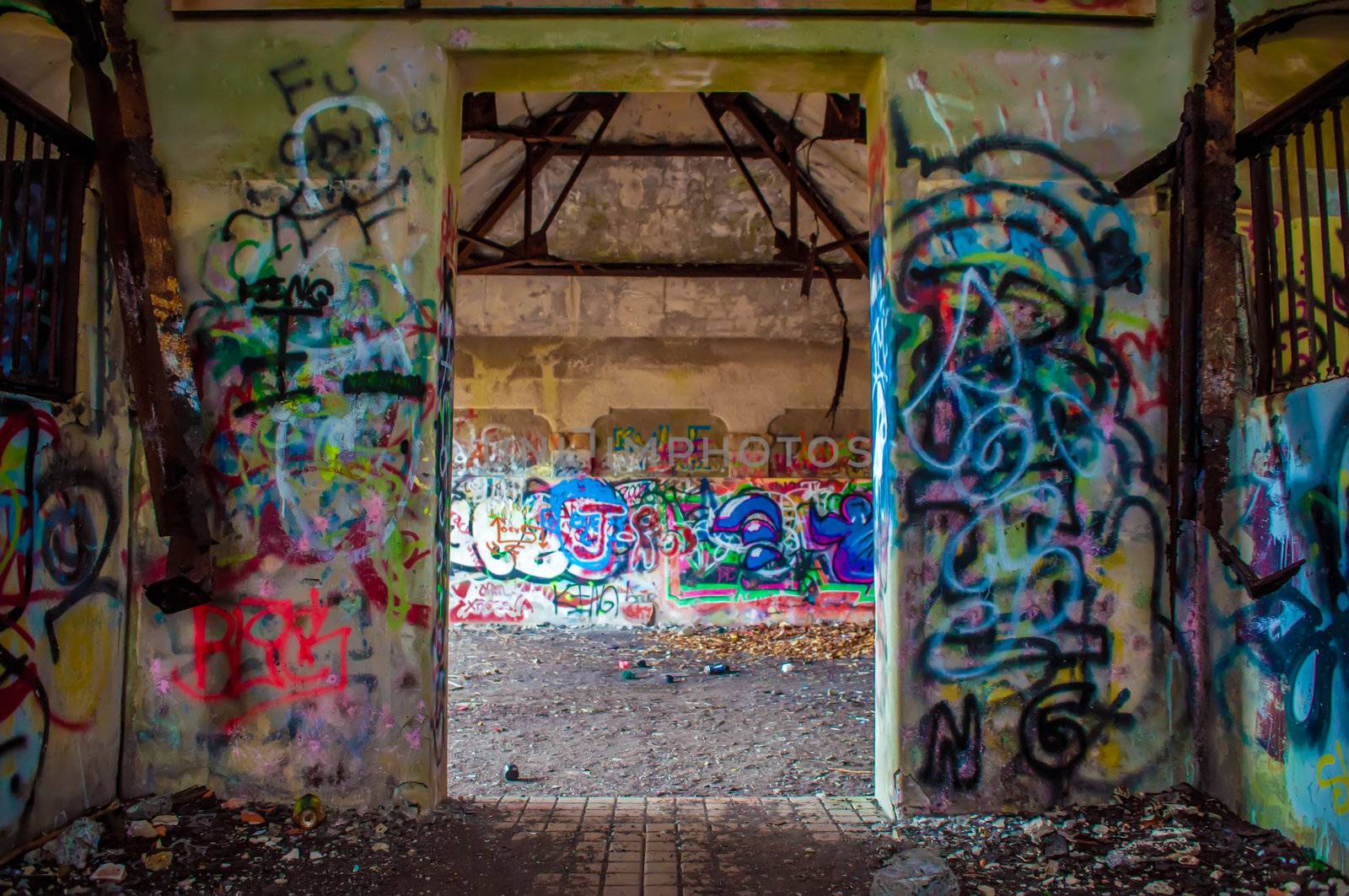 abandoned building walls full of graffiti