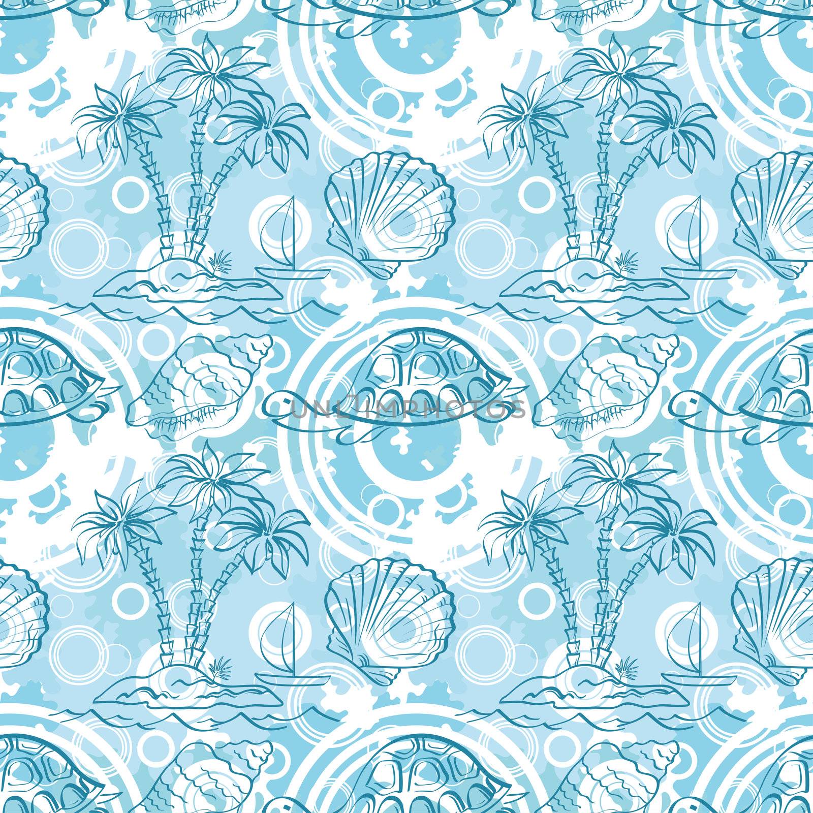Seamless white and blue pattern. Sea island with palm trees, boat, turtles, shells, contours.