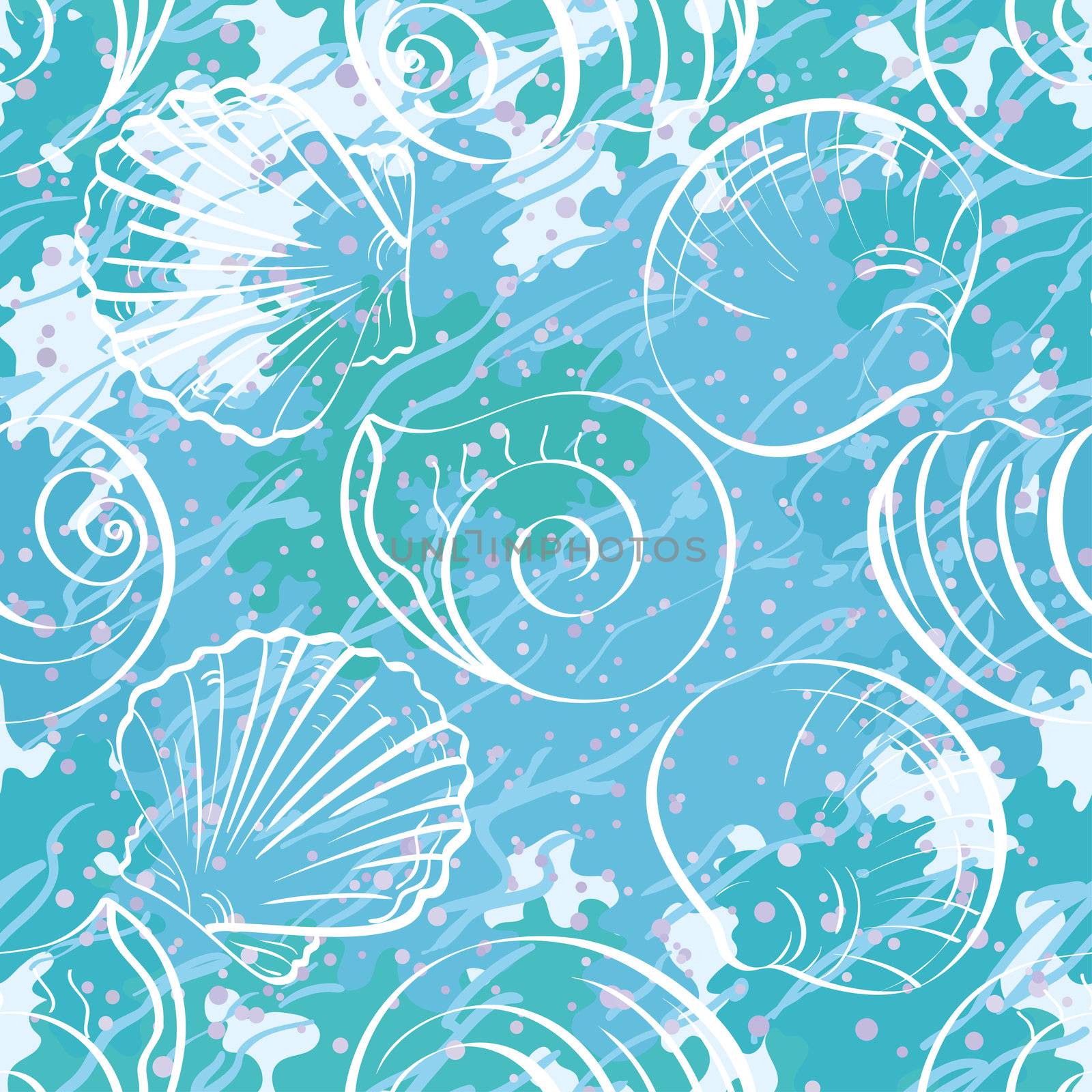 Seamless background, contour marine seashells and abstract pattern.