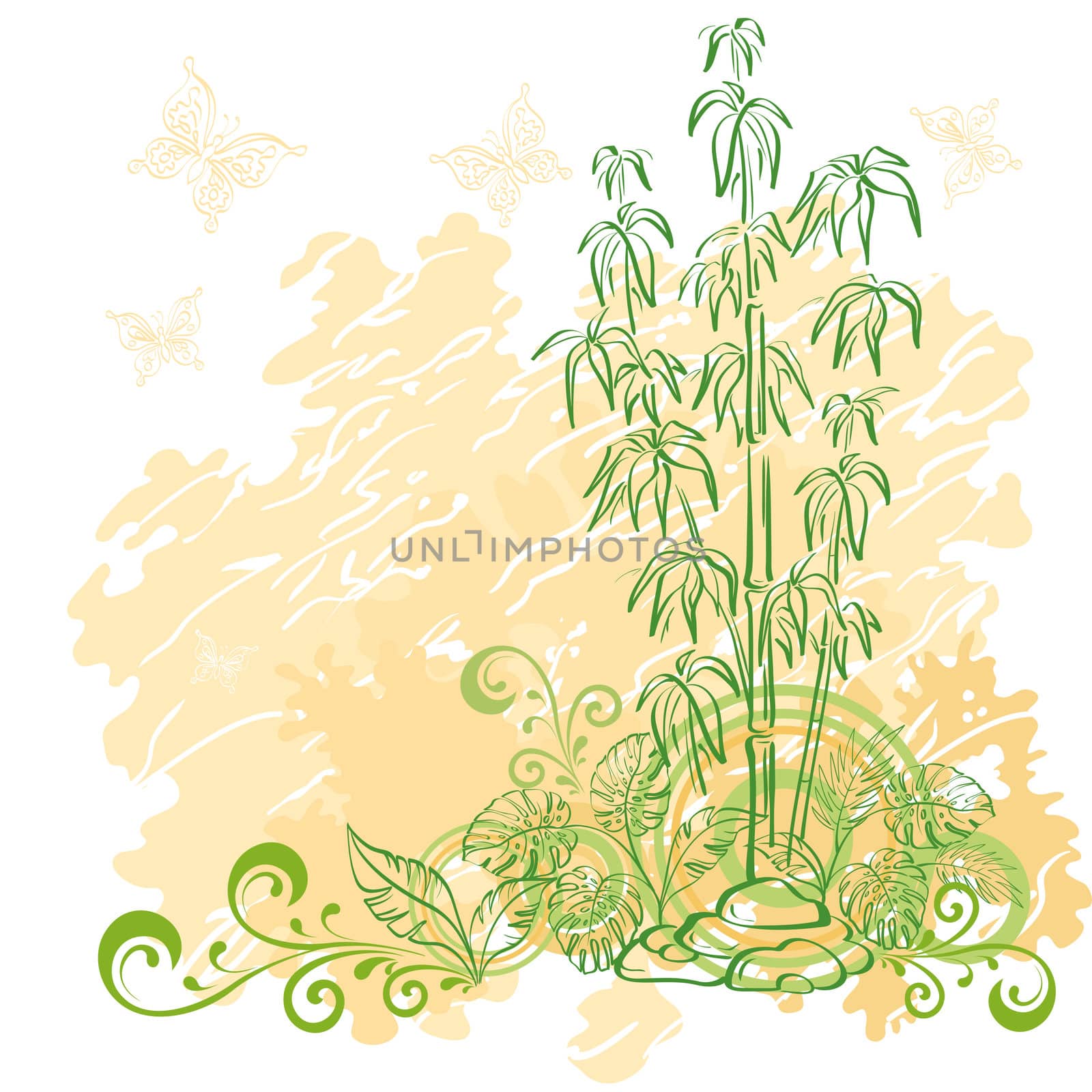 Exotic background. Contour bamboo plants, flowers, butterflies and abstract grunge pattern.