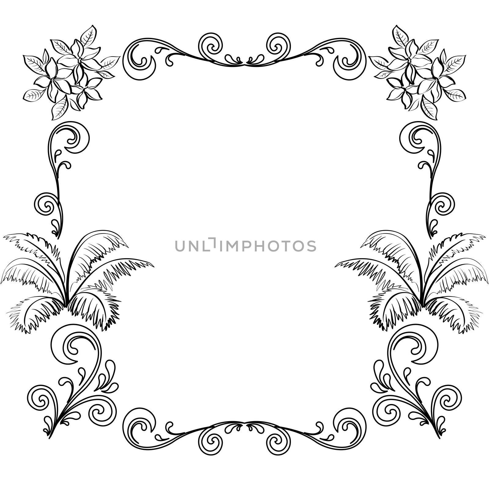 Abstract floral background, frame of flowers, black contour on white background.