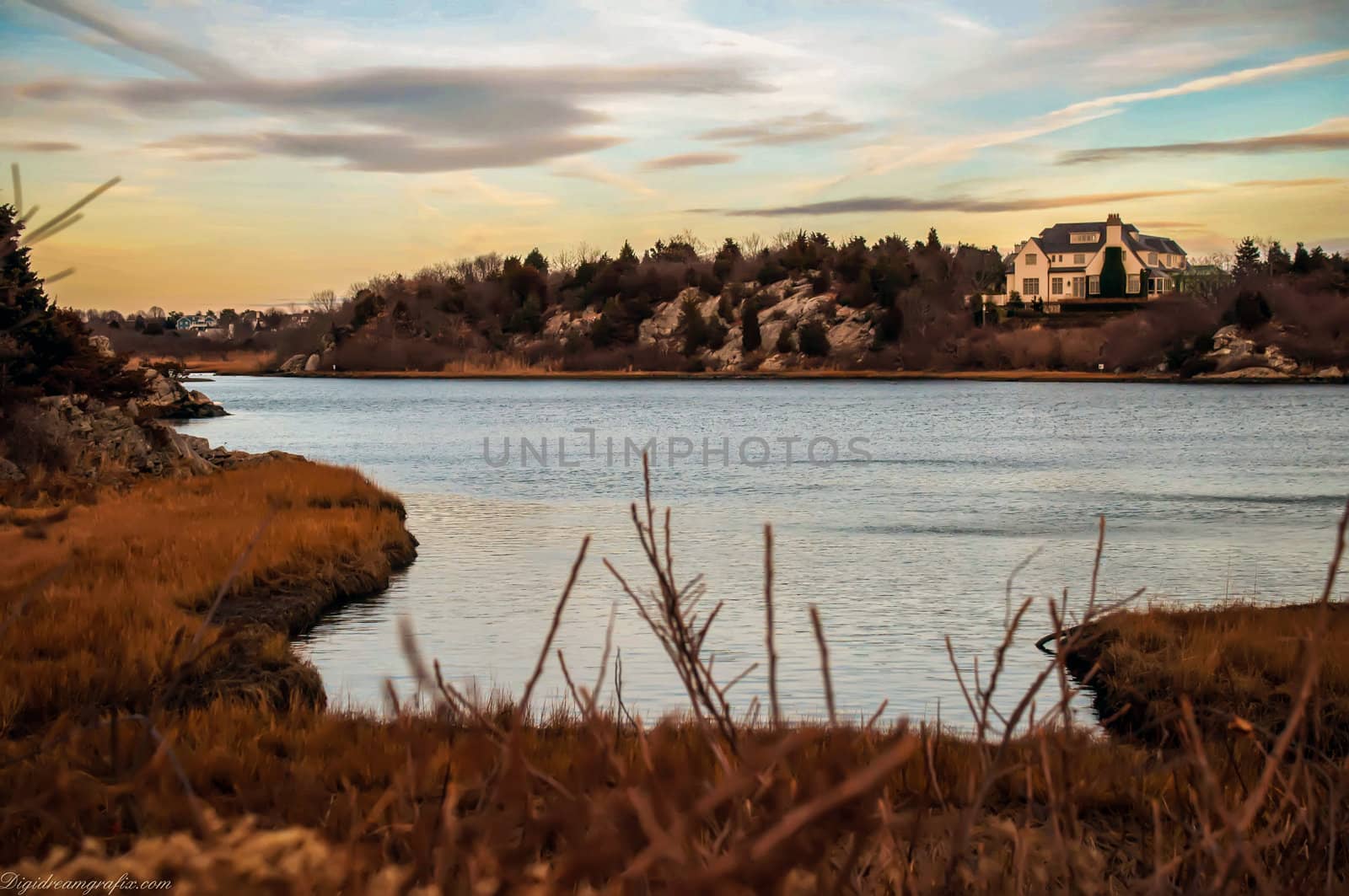 House overlooking the ocean at sunset on the coastline along Rho by digidreamgrafix