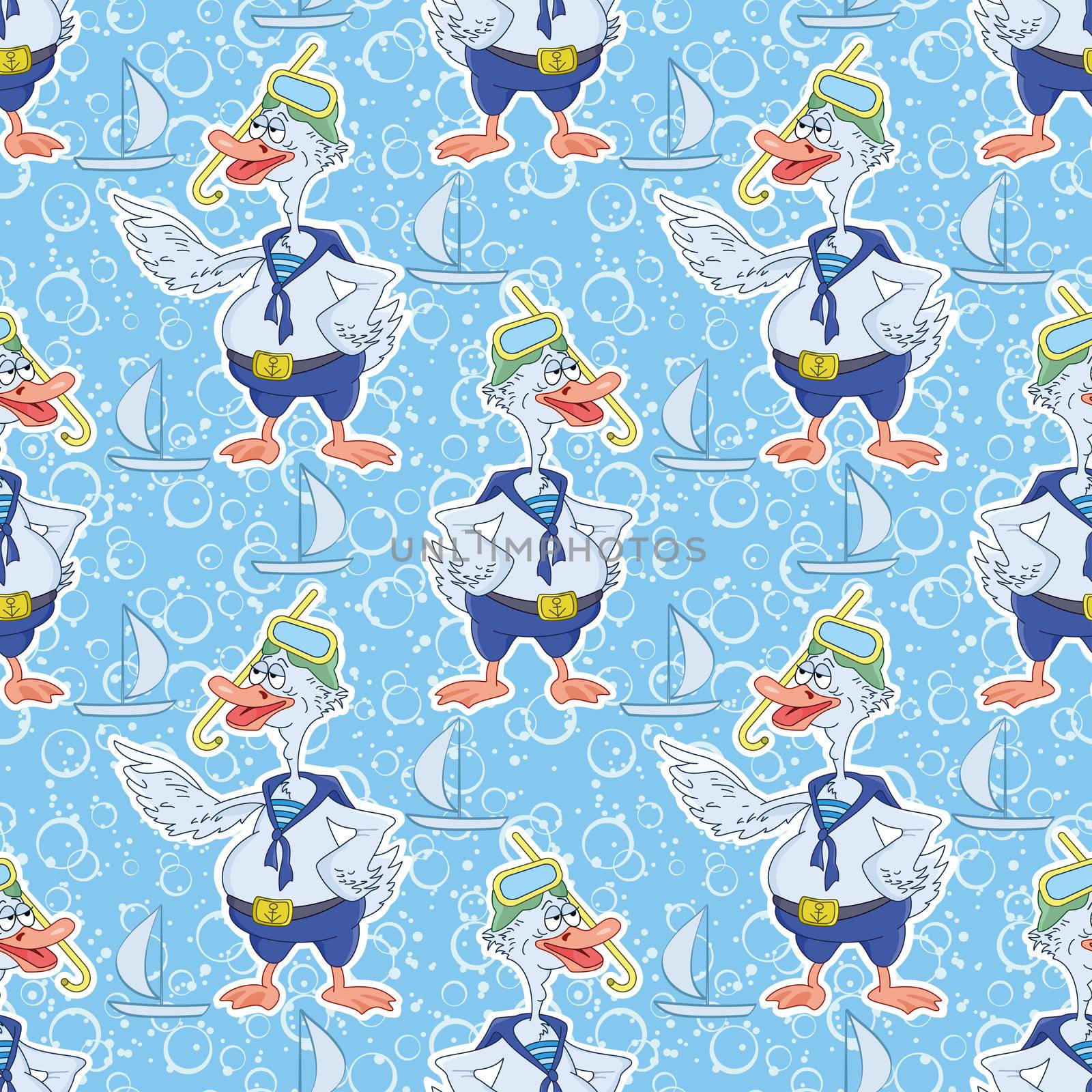 Seamless background, cartoon goose divers and blue pattern with a ship.