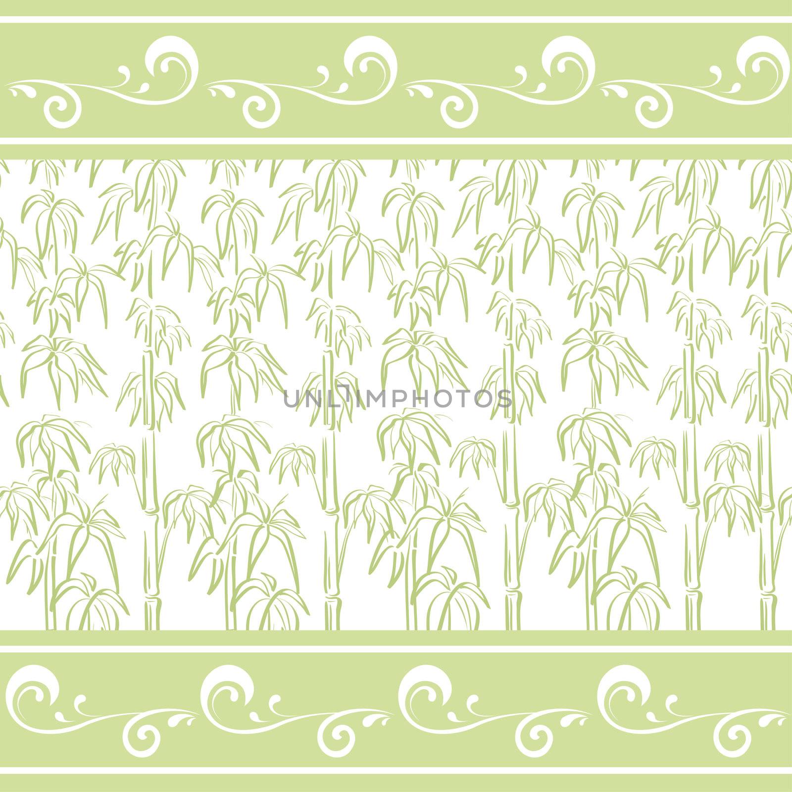 Exotic green and white background, contour bamboo plants and abstract pattern.