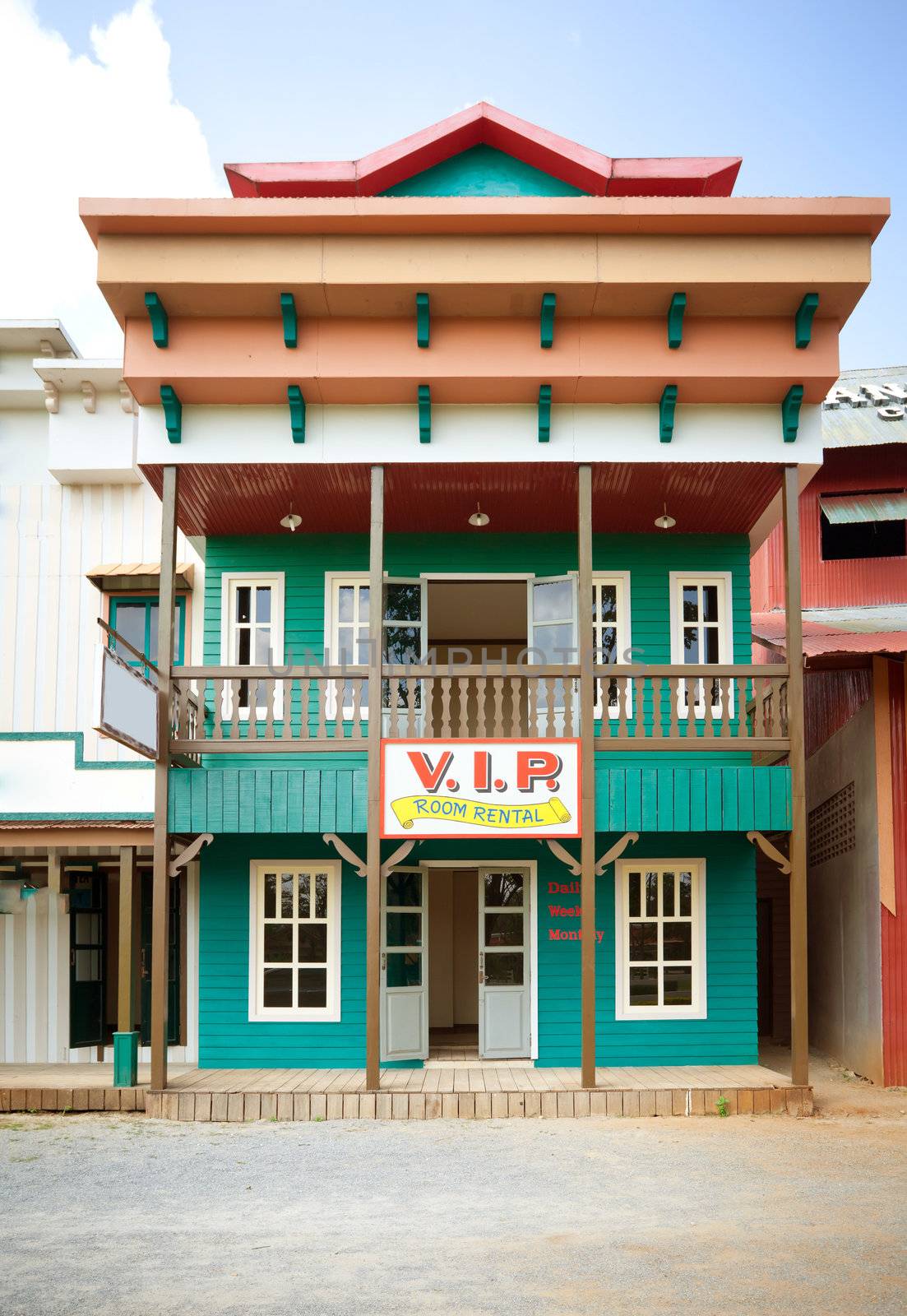 Old western hotel and room rental with blue sky