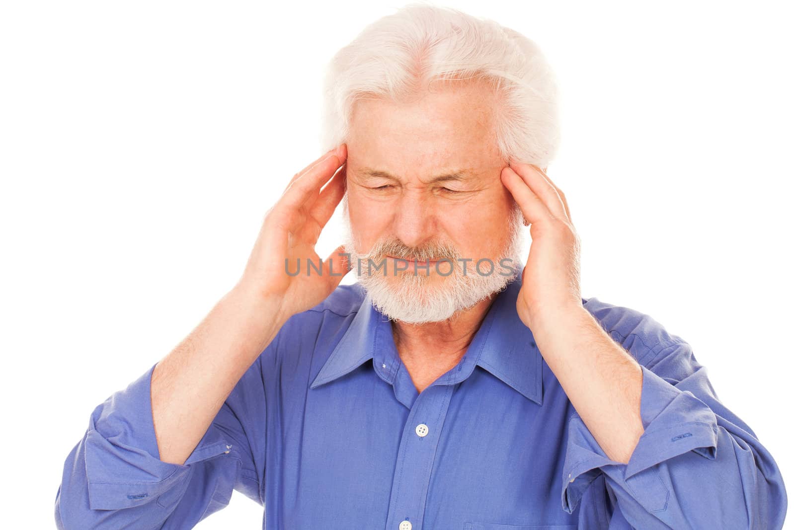 Handsome elderly man with headache isolated over white background