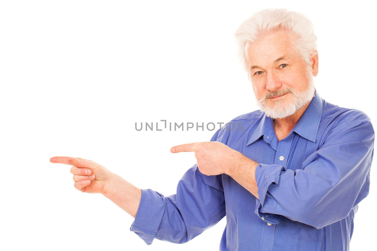 Happy elderly man with beard isolated over white background