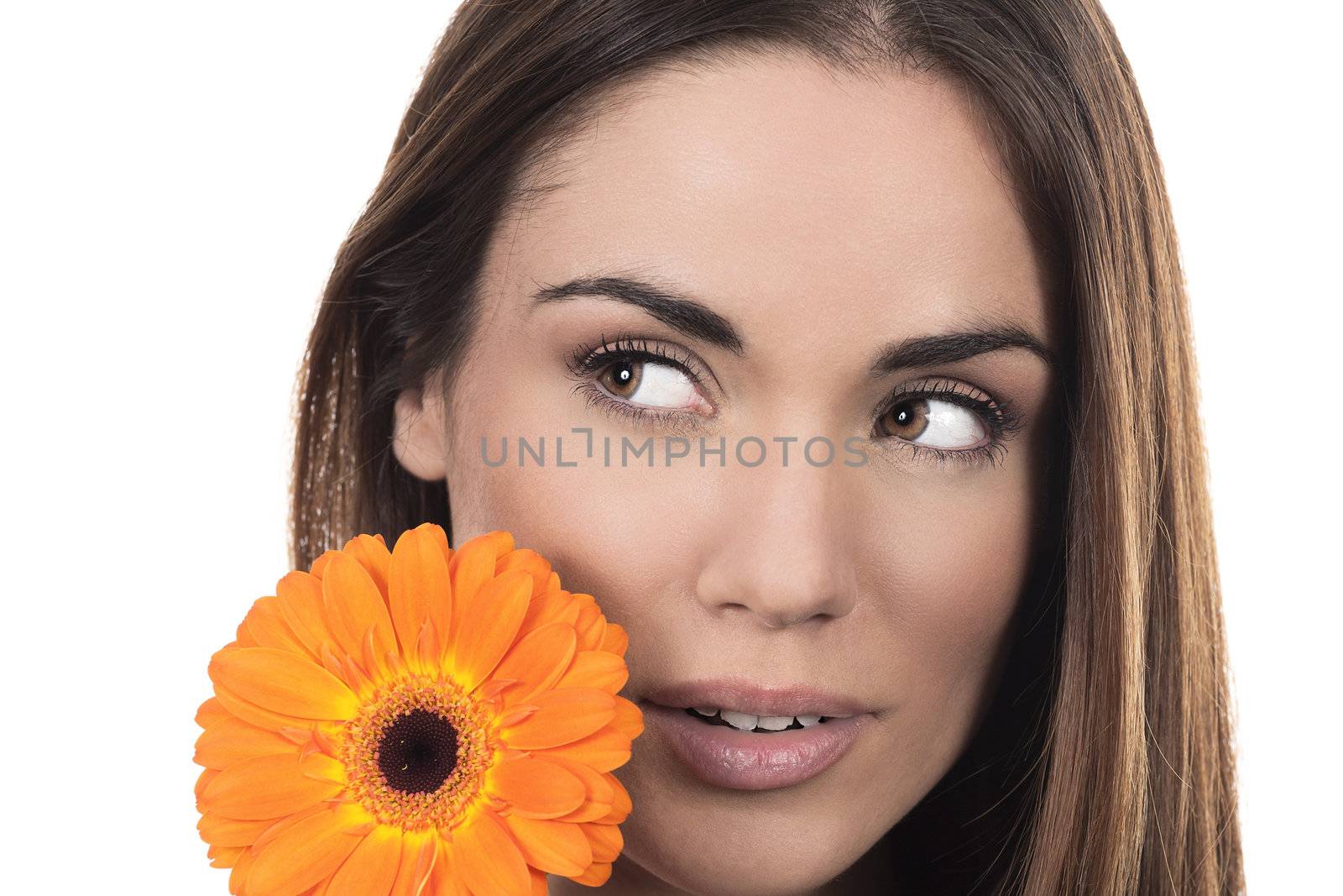 Beautiful woman portrait with flower on white background