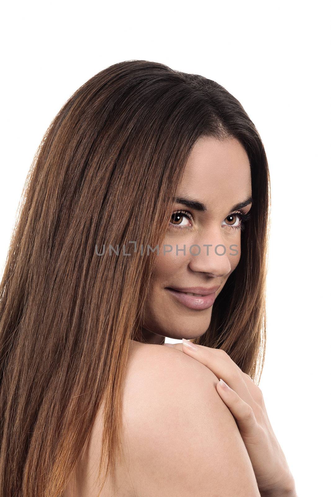 Glamour portrait of beautiful woman on white background
