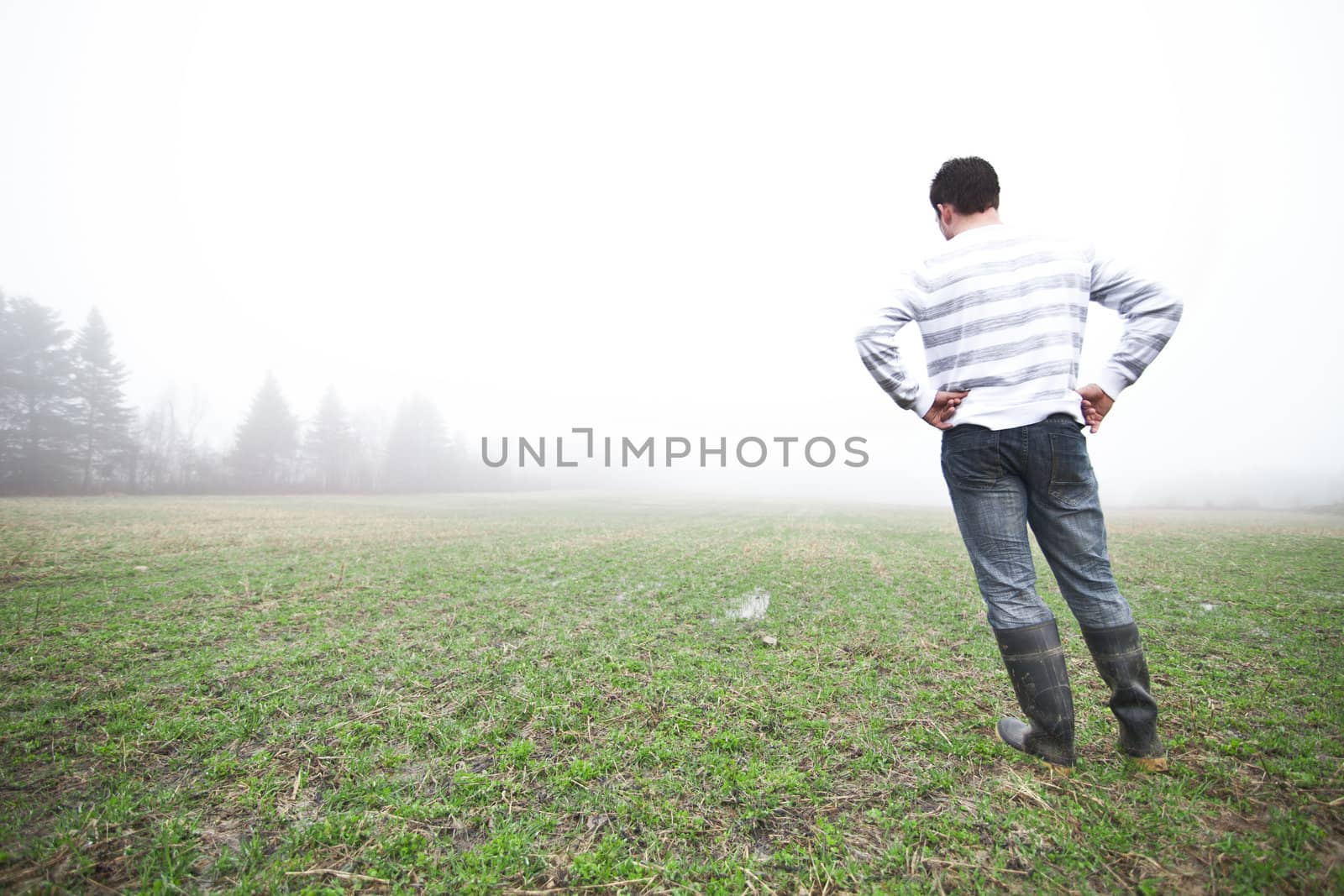 Young adult in a foggy and wet field