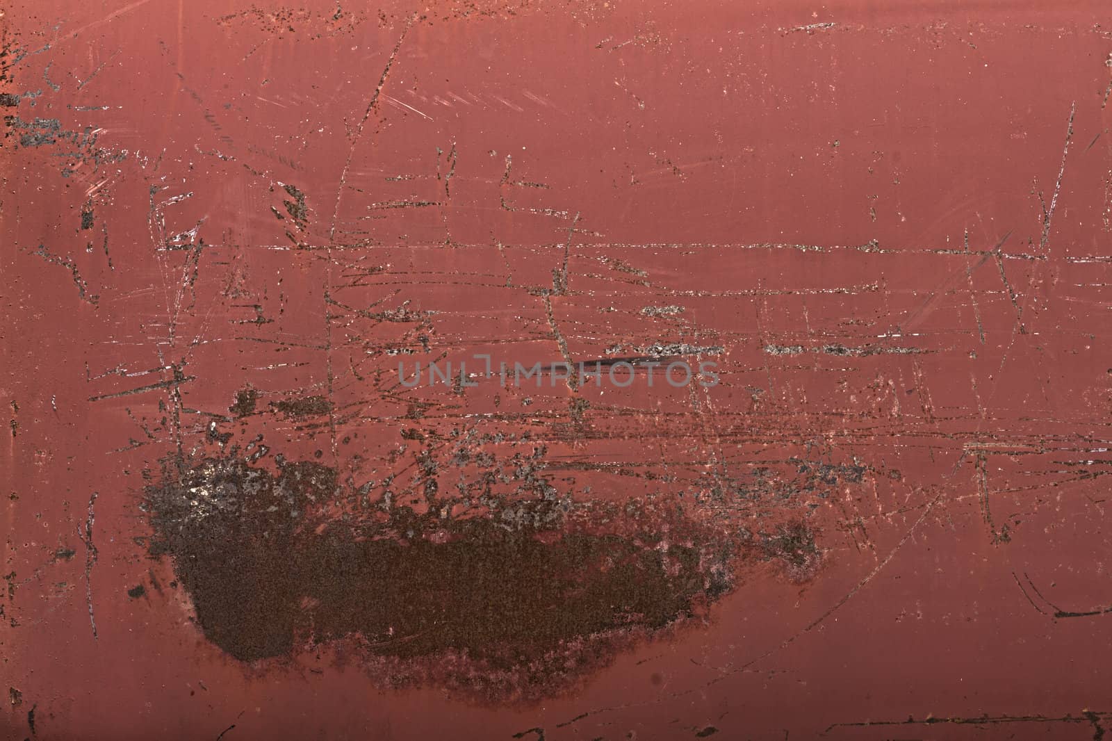 This is an old red rusty metal tank panorama (composition of many pictures to have a better resolution). A lot of scratch due to transportation.