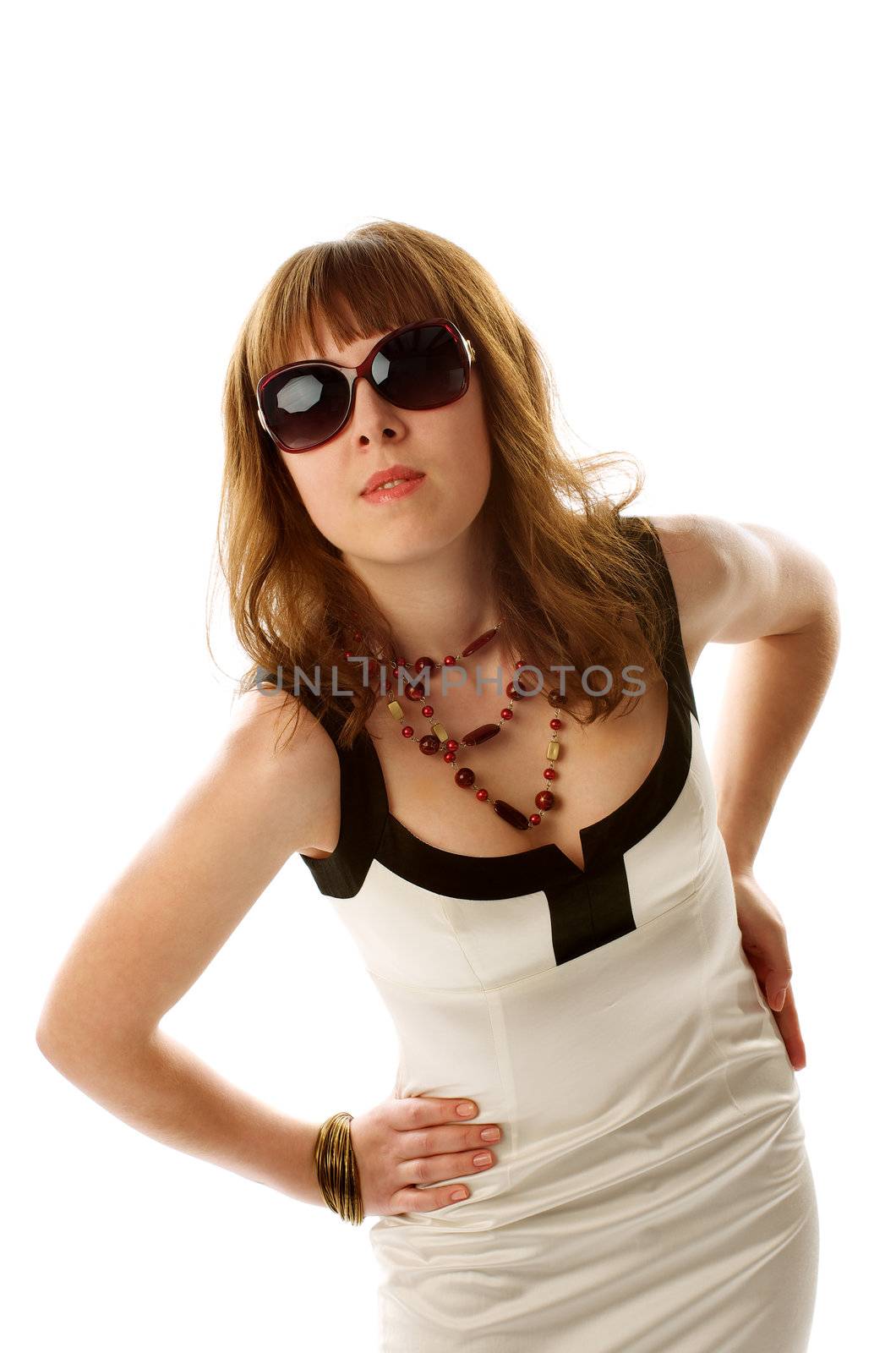 Portrait of Young Woman in Sunglasses, Glass Bead and Bracelets