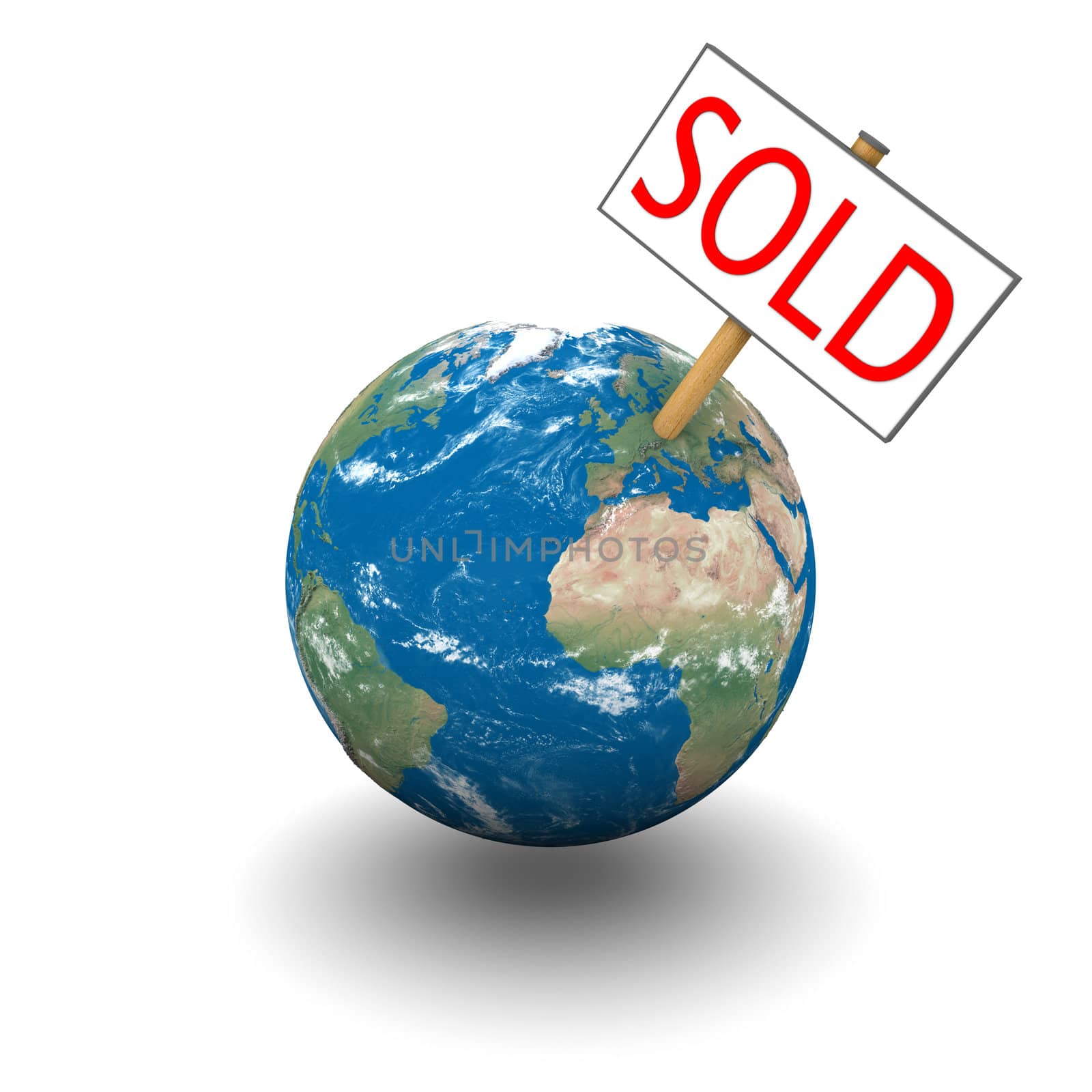 Sold sign on planet Earth isolated on white background. Elements of this image furnished by NASA.